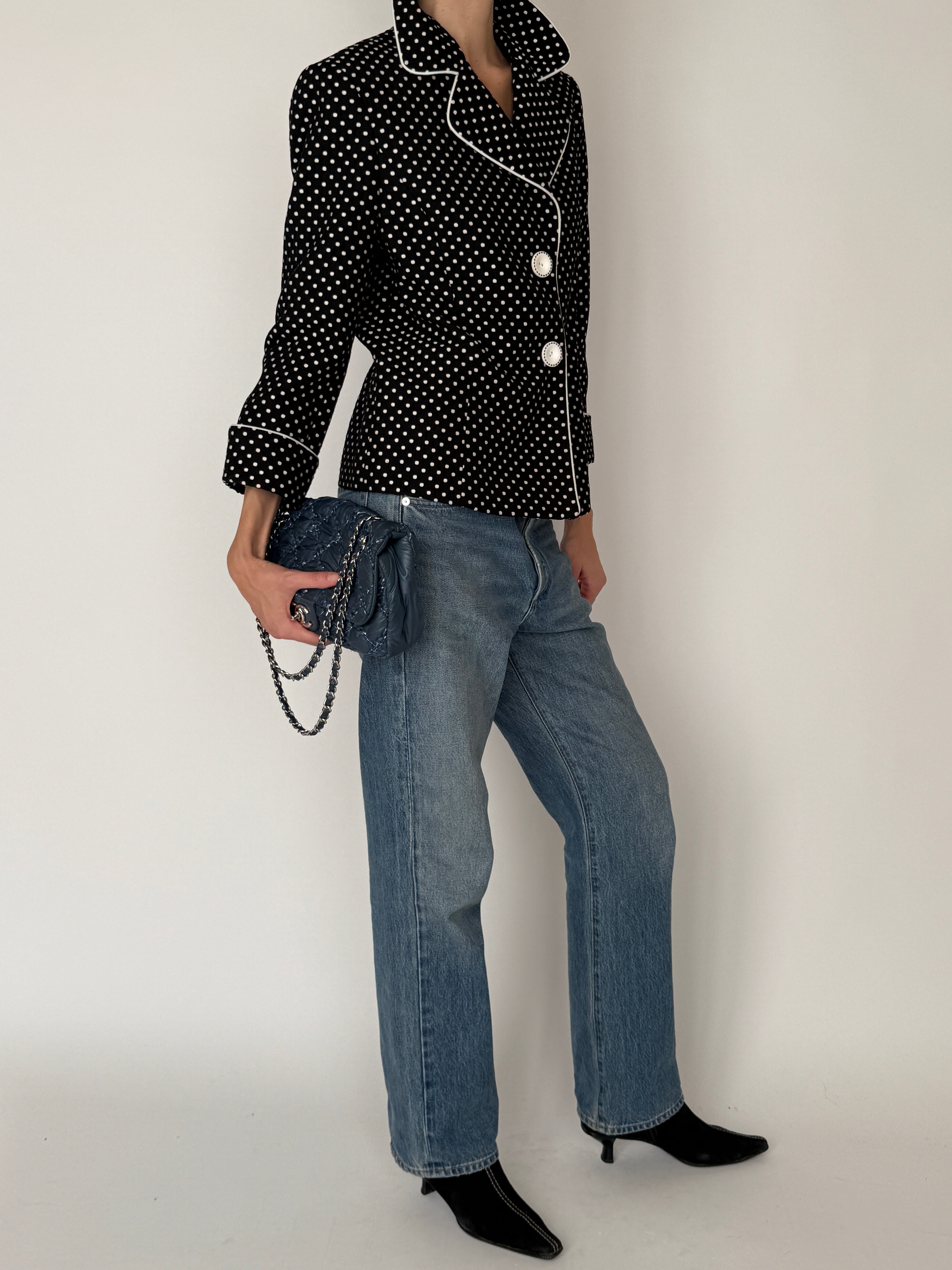 Vintage black polka dot blazer side view