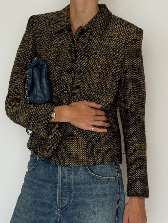 Vintage Tailored Tweed Blazer Black and Yellow 6517