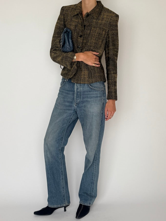 Vintage Tailored Tweed Blazer Black and Yellow 6517