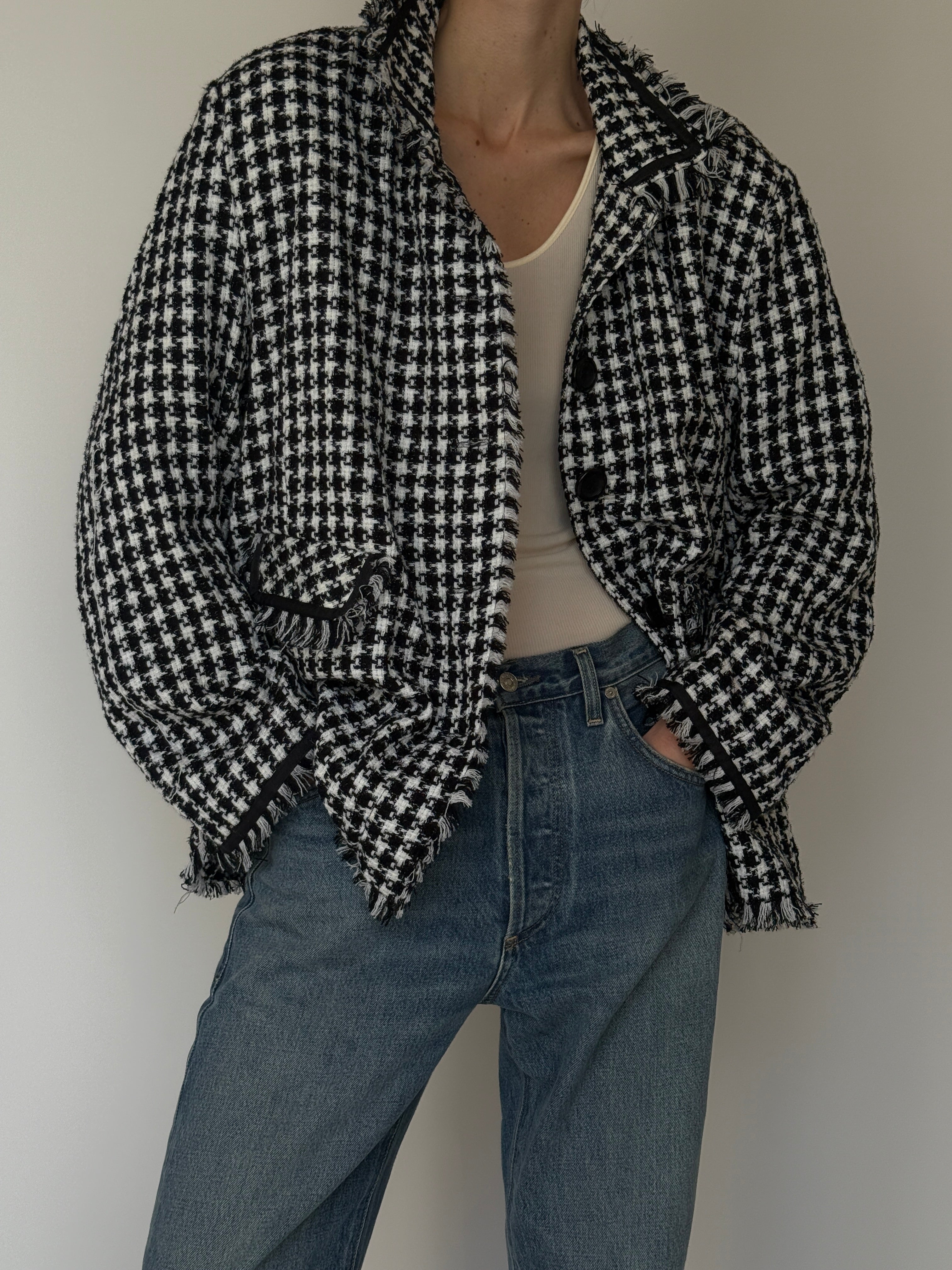 Vintage Tweed Fringe Jacket Black & White 7037
