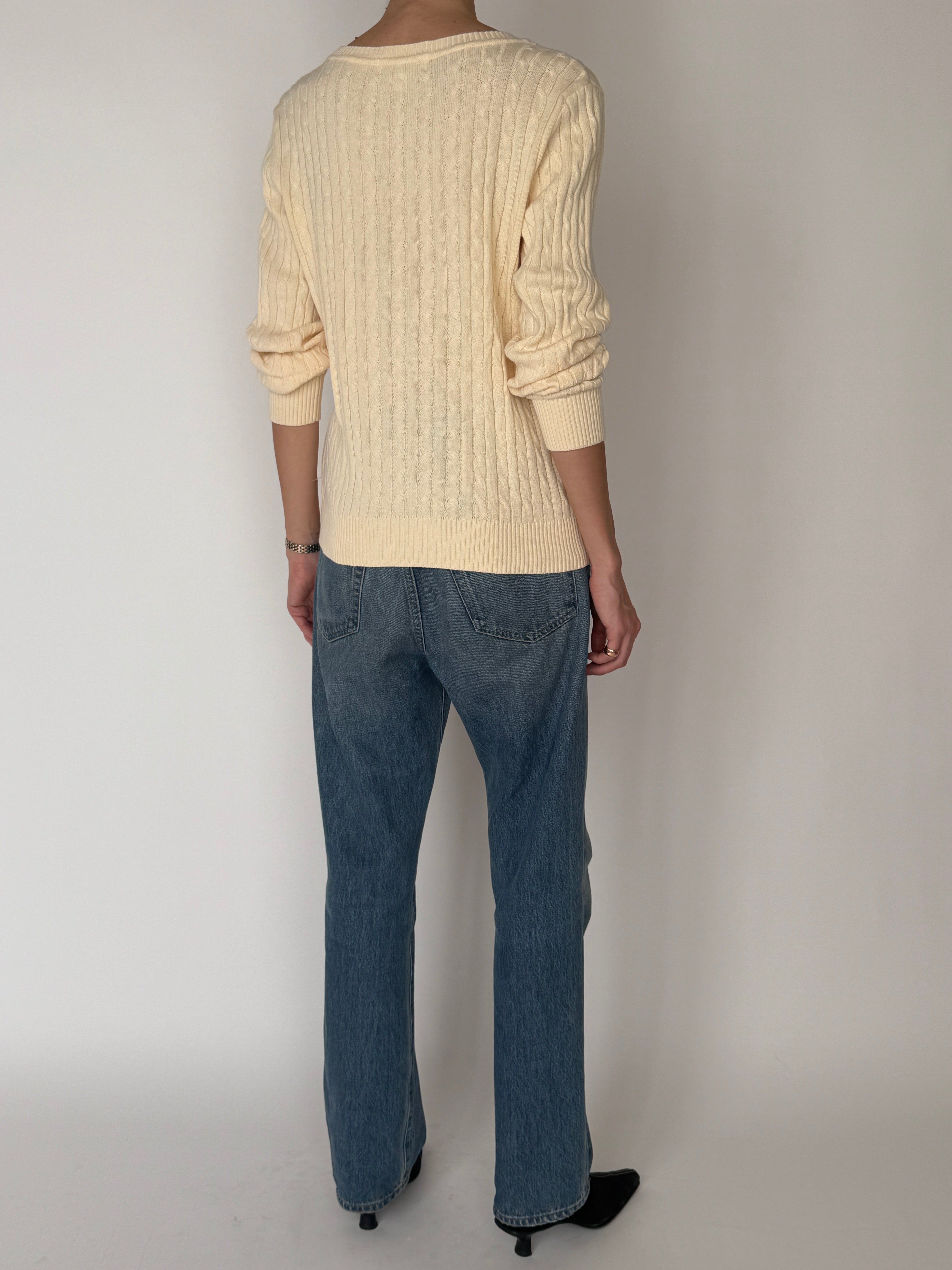 Vintage cream cable knit sweater back view