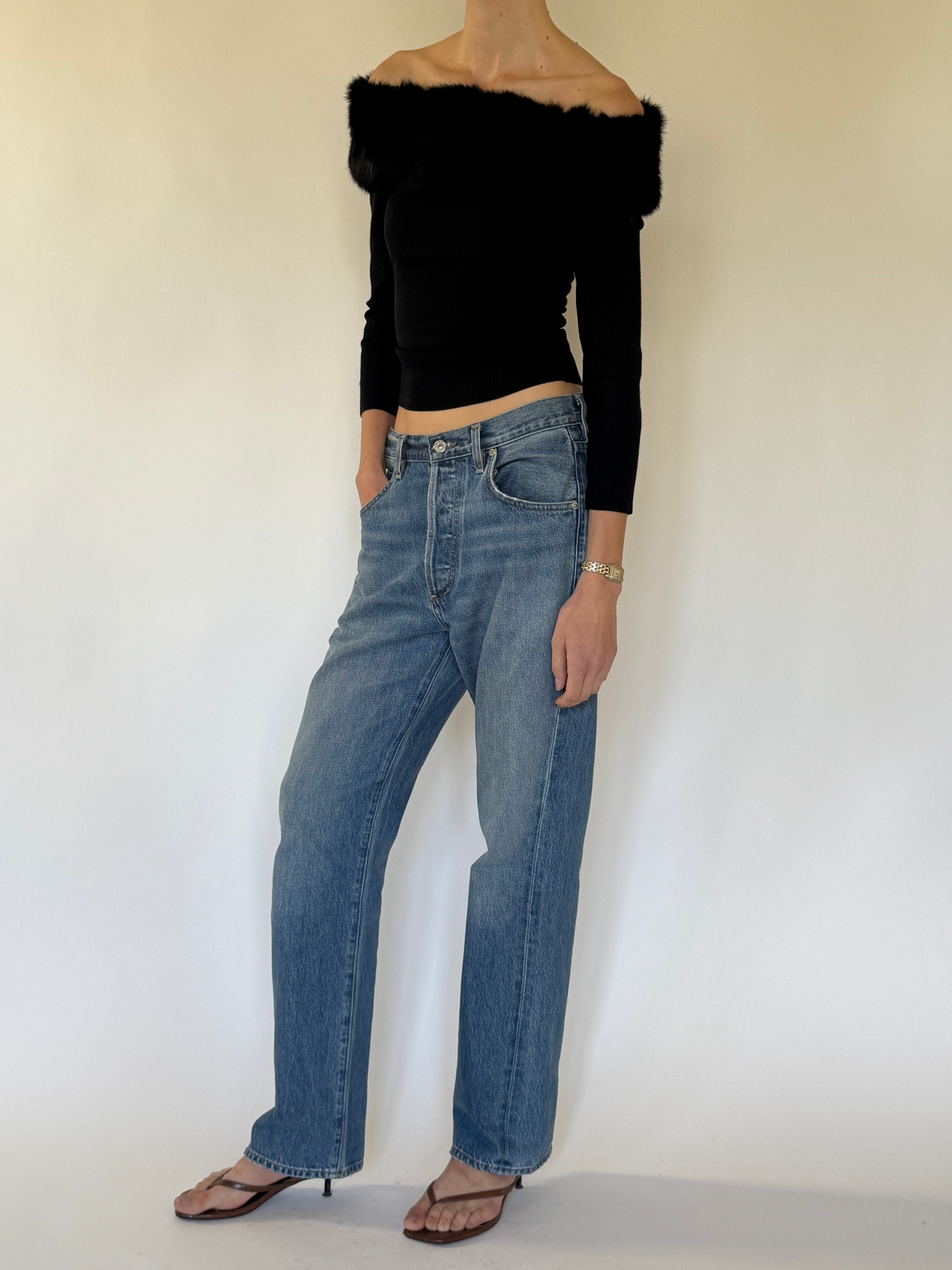 Vintage off-shoulder knit top with real fur trim side view