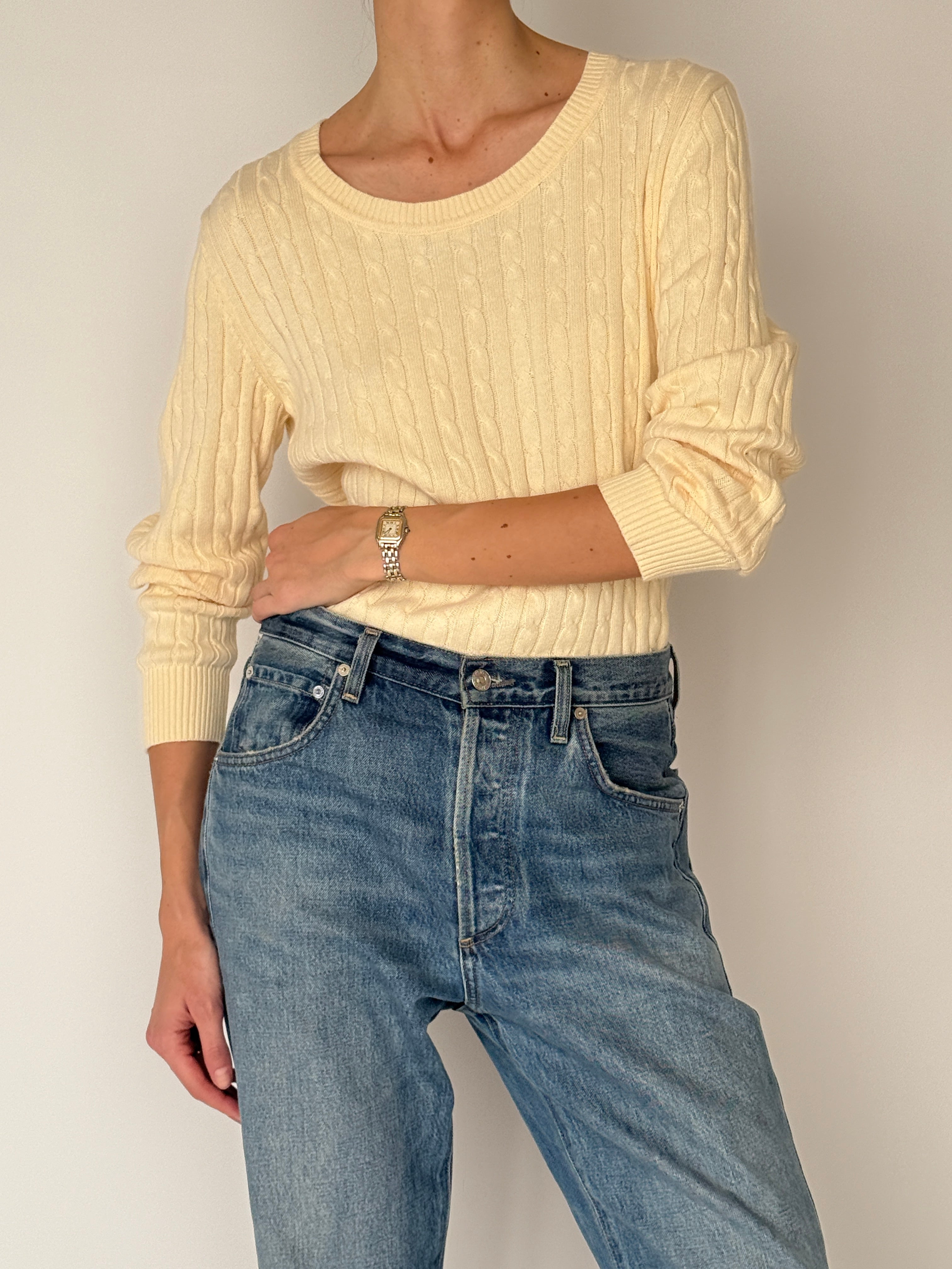 Vintage cream cable knit sweater front view