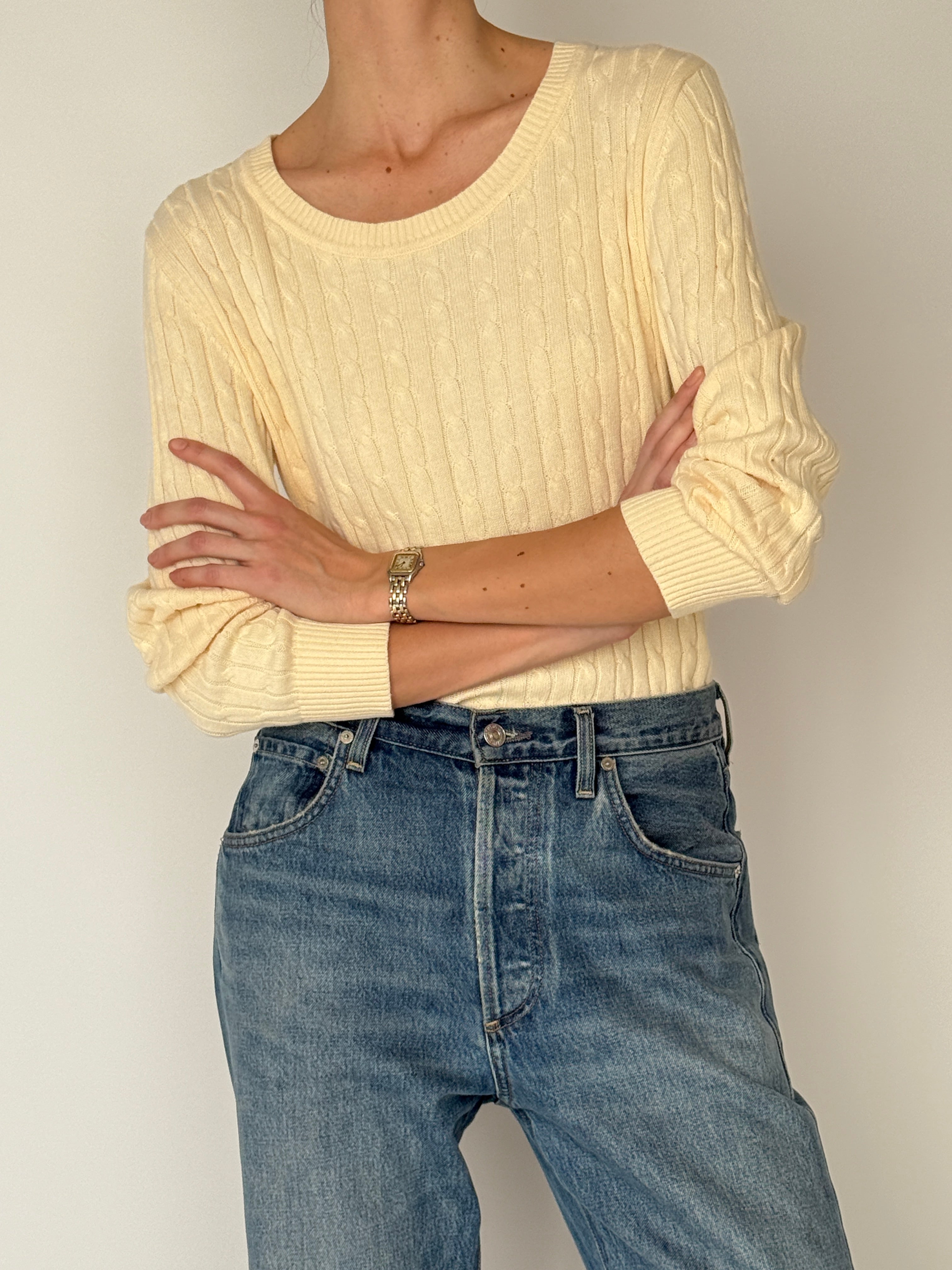 Vintage cream cable knit sweater neckline detail
