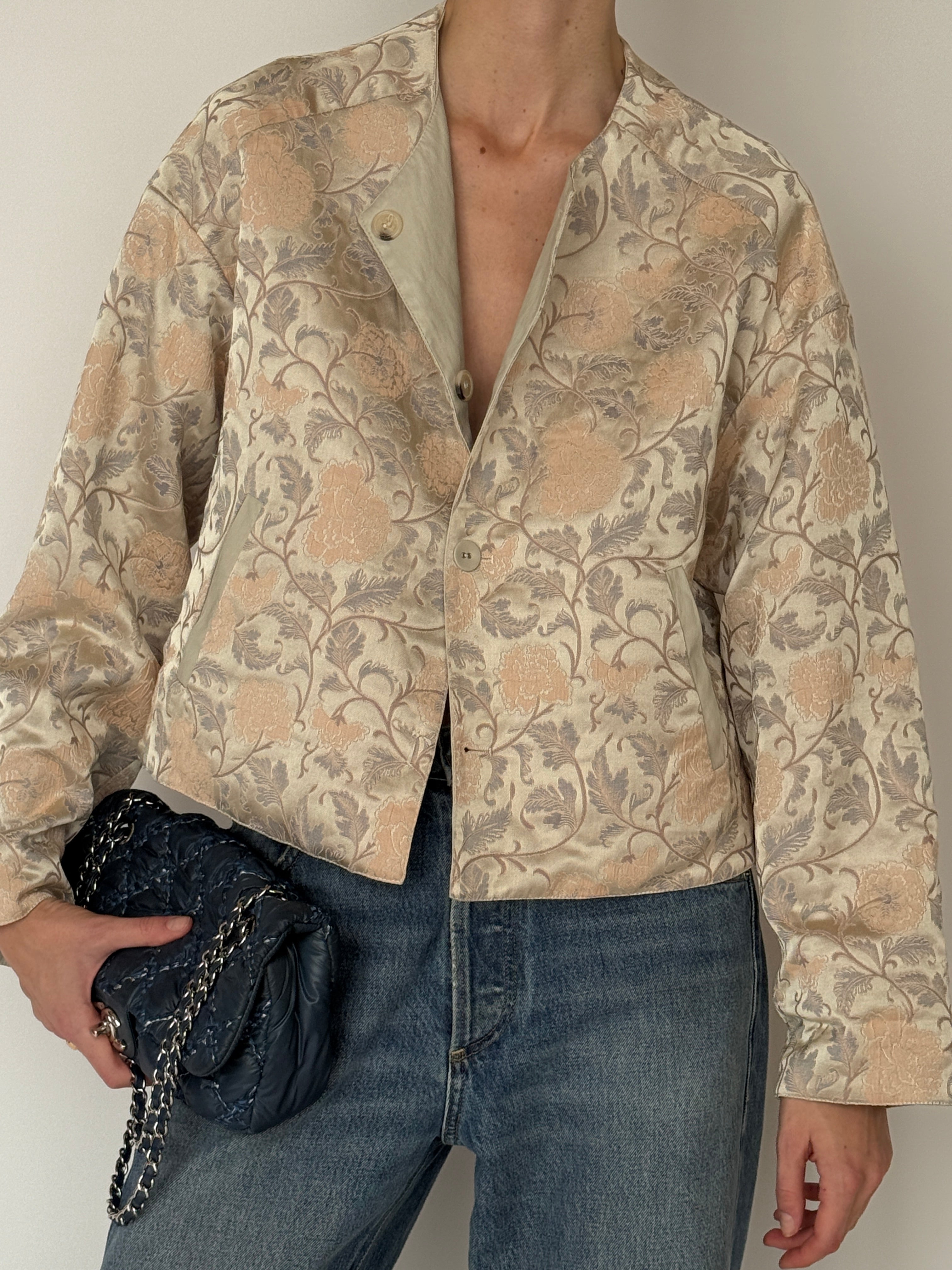 Vintage reversible leather jacquard jacket fabric close-up