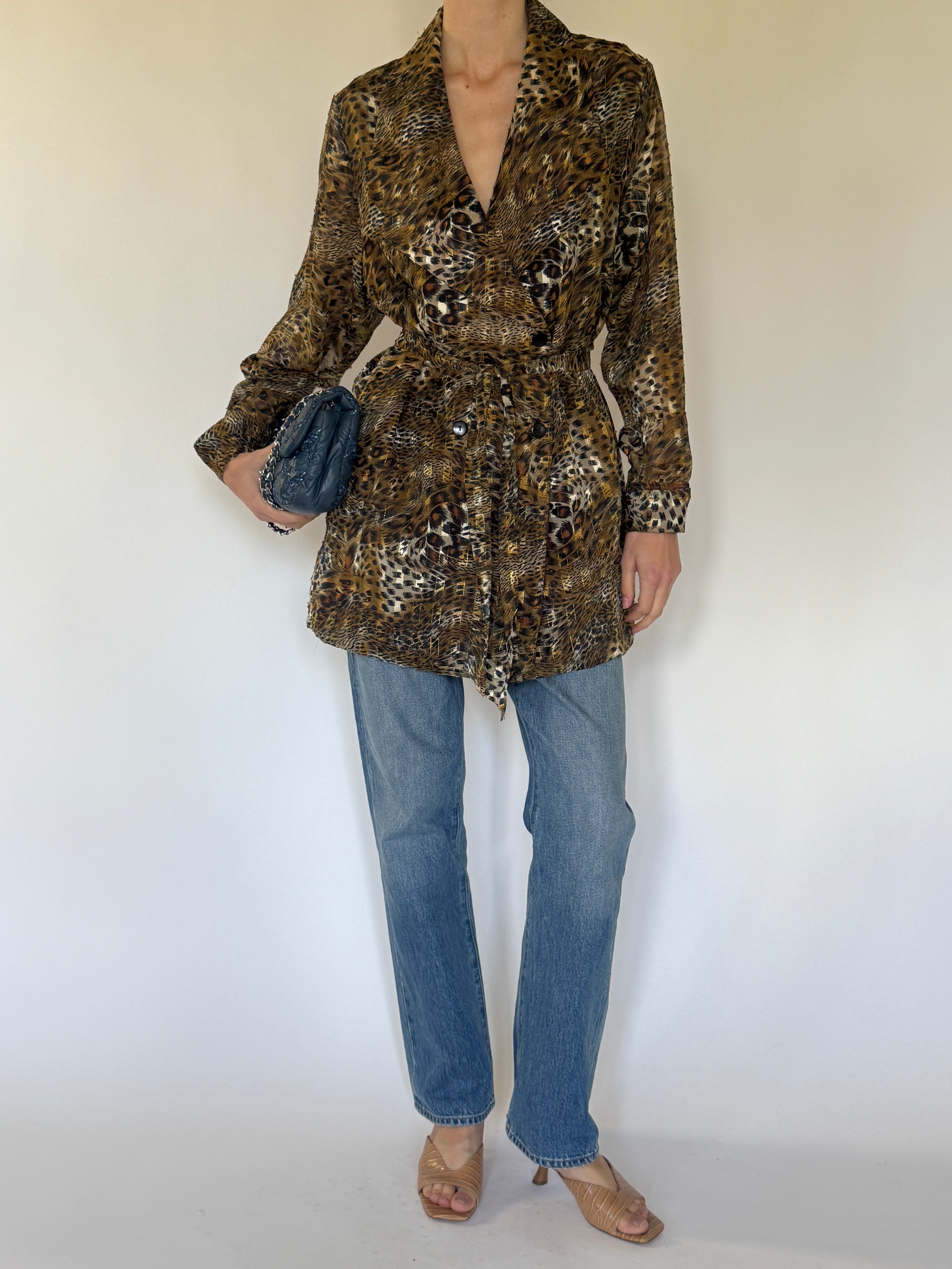 Vintage animal print jacket front view with trench-inspired waist tie