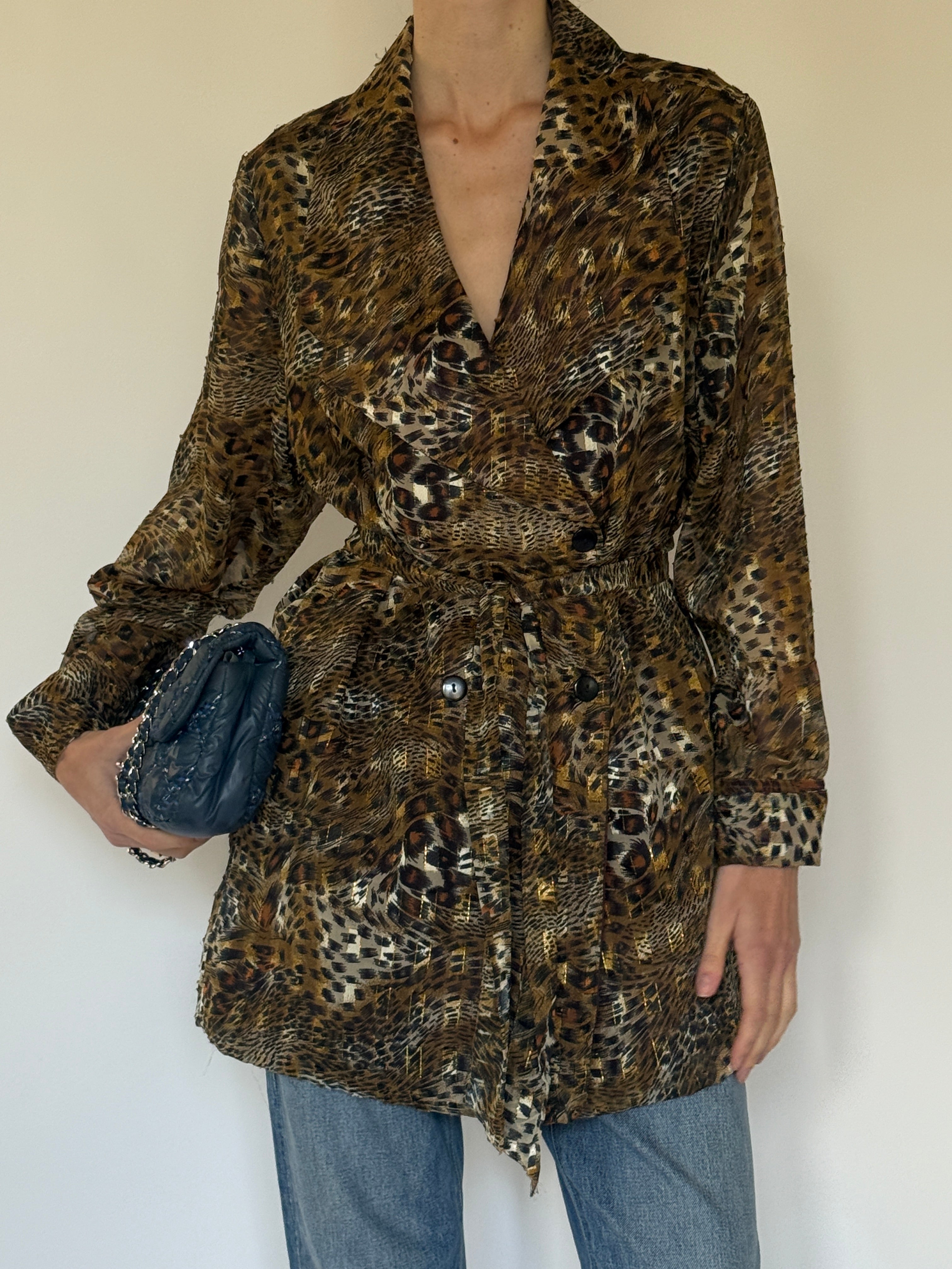 Vintage animal print jacket close-up of waist tie closure