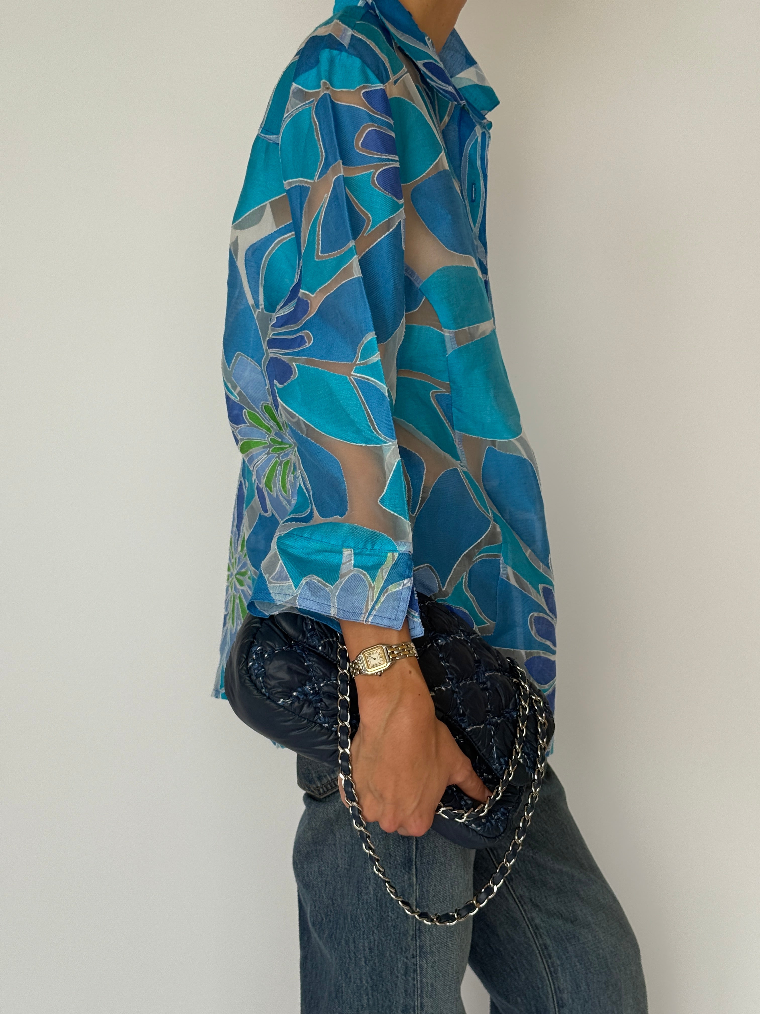 Vintage Sheer Floral Button-Up Blouse Blue 6546