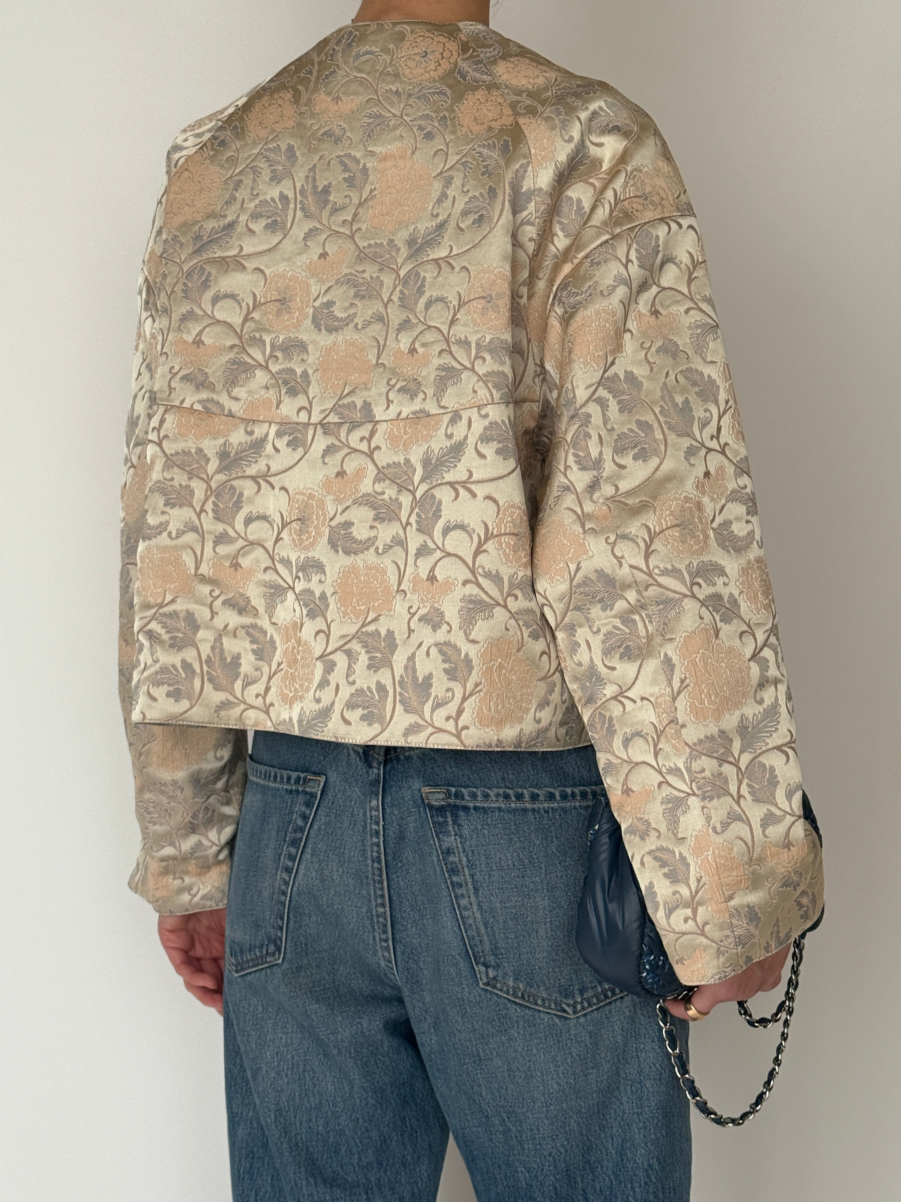 Vintage reversible leather jacquard jacket floral back view