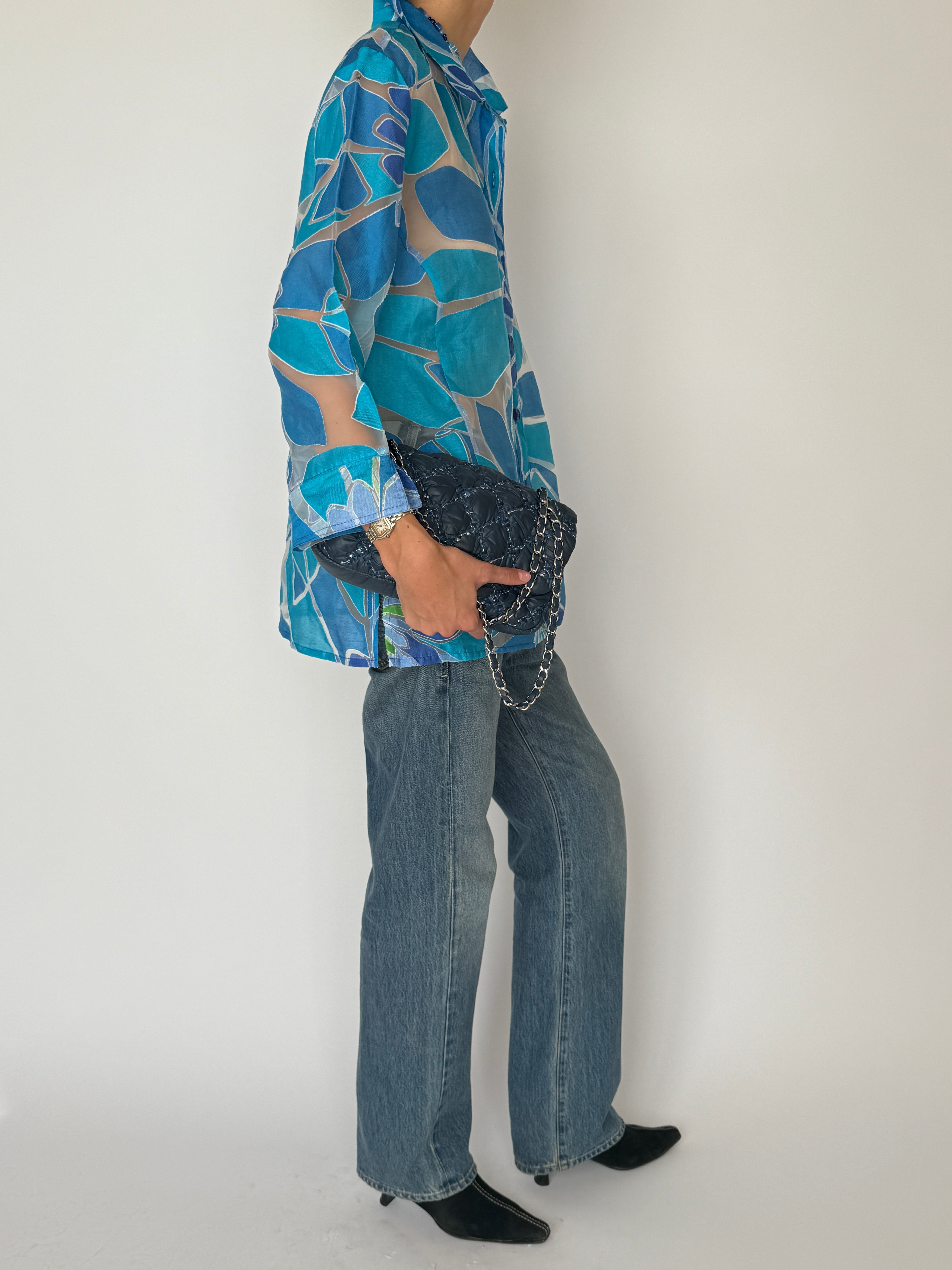 Vintage Sheer Floral Button-Up Blouse Blue 6546