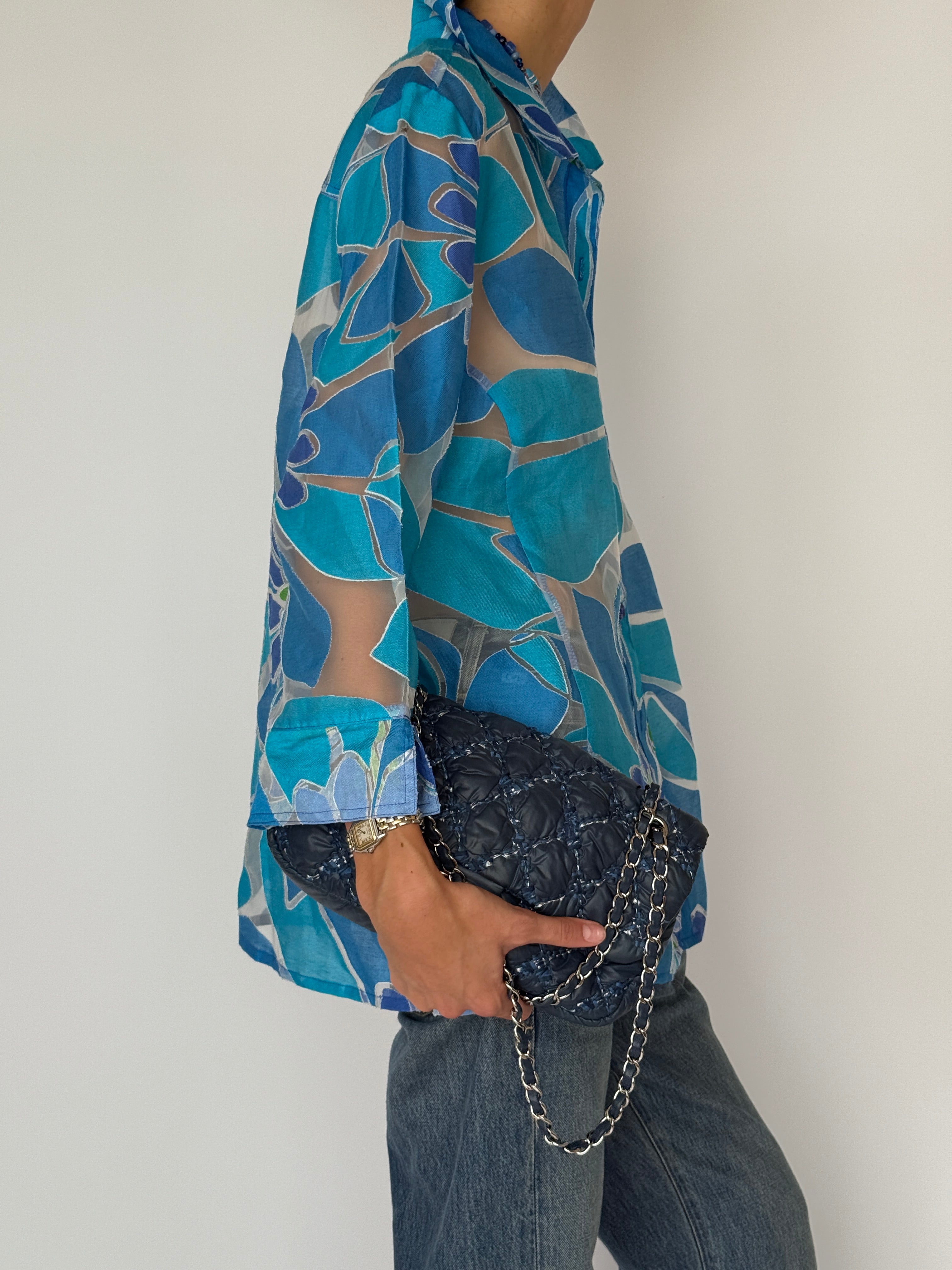 Vintage Sheer Floral Button-Up Blouse Blue 6546