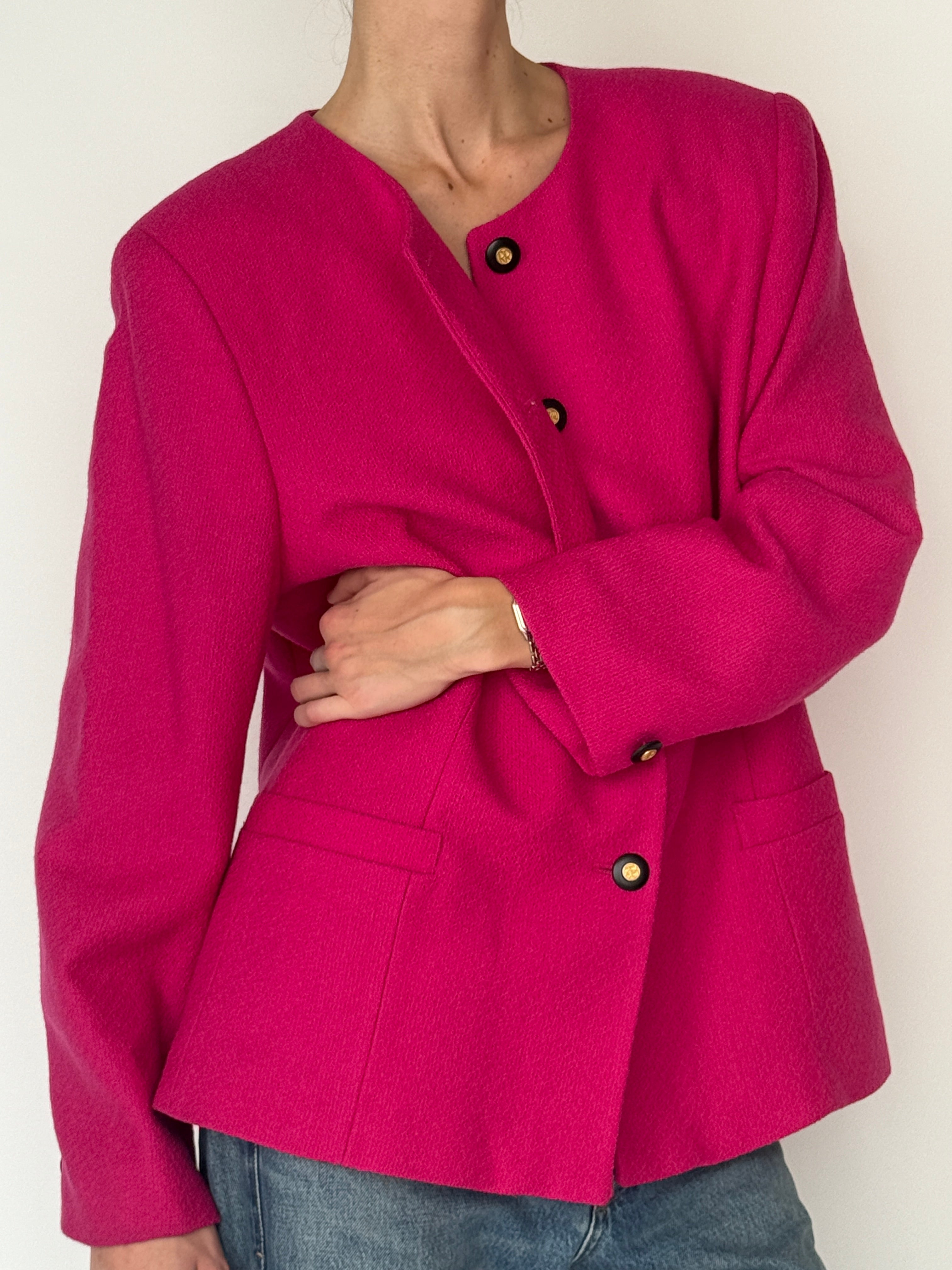 Vintage pink collarless blazer front view