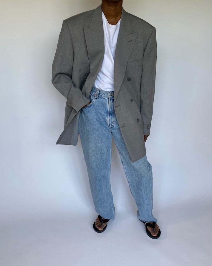 VINTAGE OVERSIZED GREY DOUBLE BREASTED WOOL BLAZER 3576