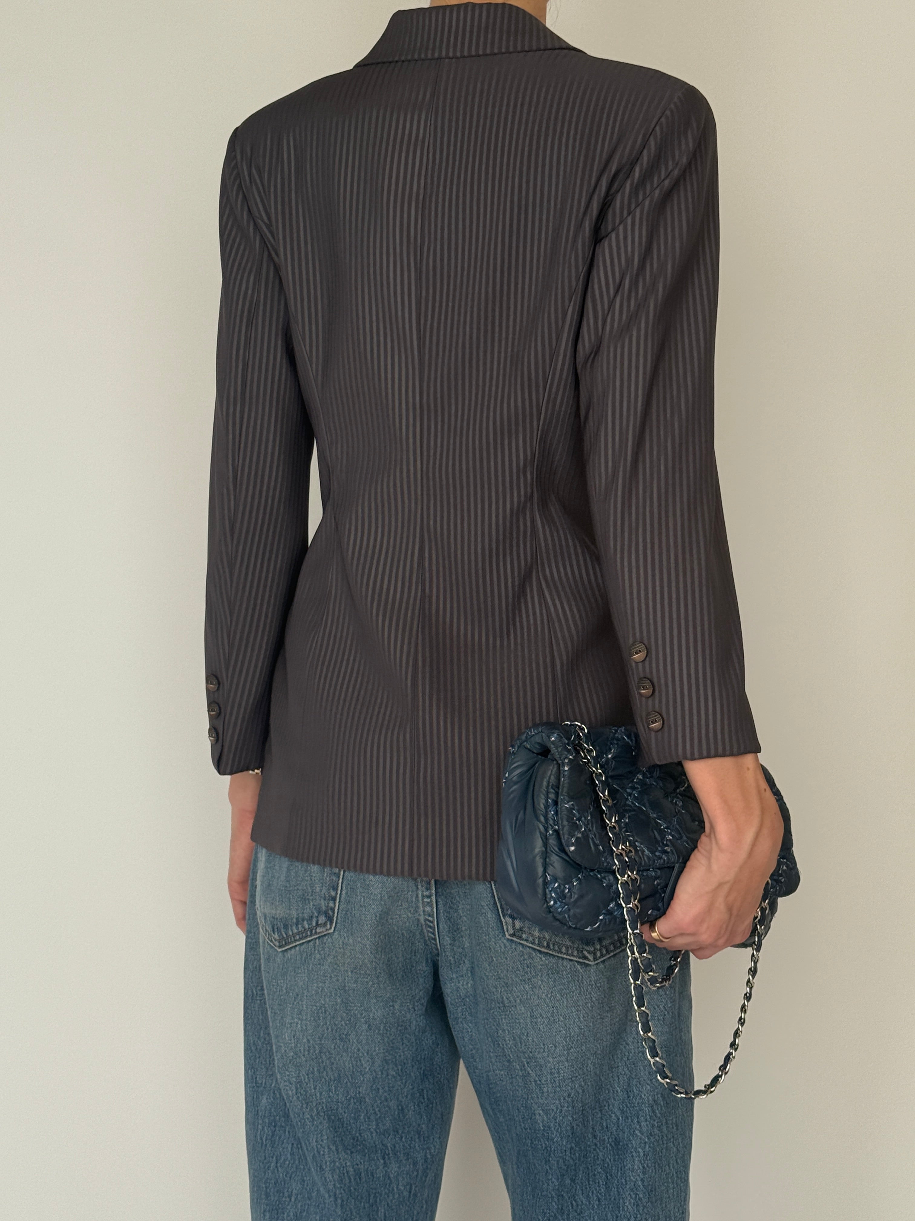Vintage brown tonal pinstripe blazer back view