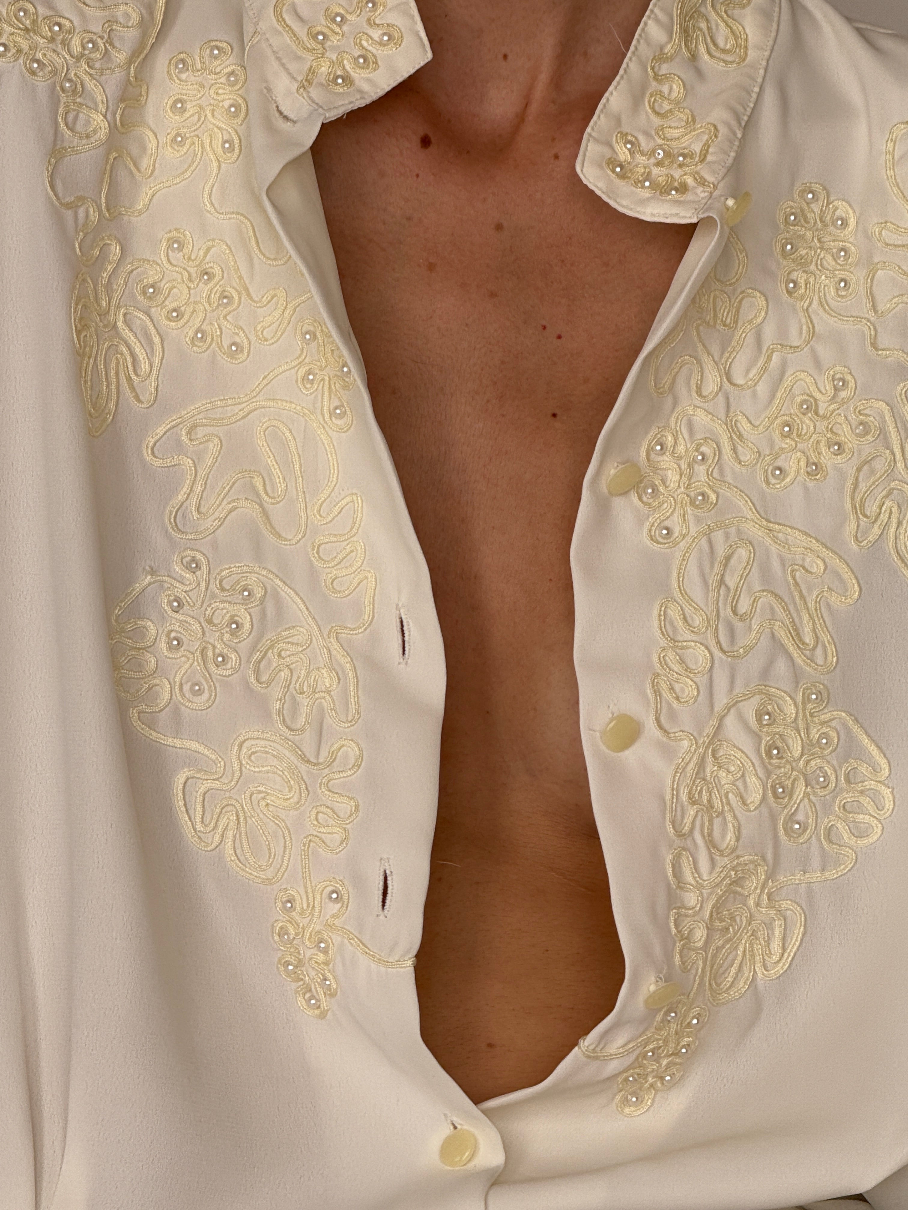 Vintage Embroidered Pearl Button Blouse Ivory 7343