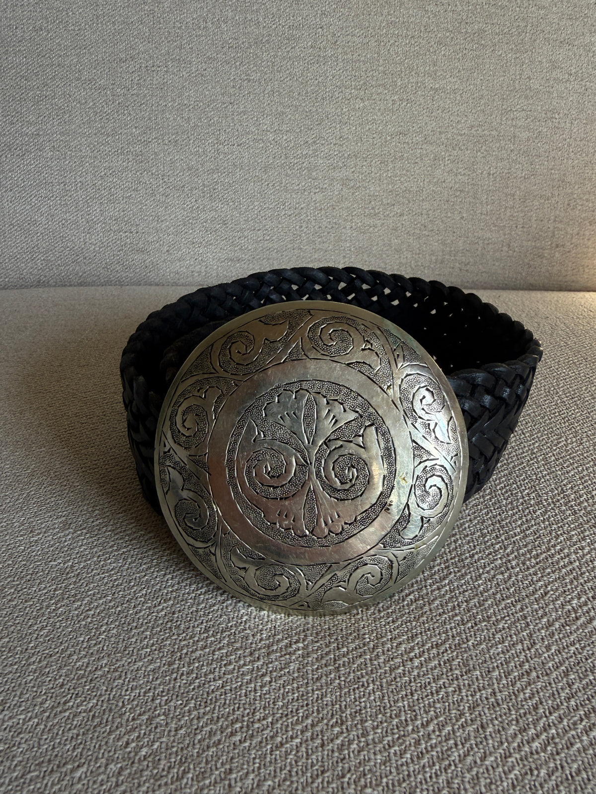 Vintage black braided leather belt front view