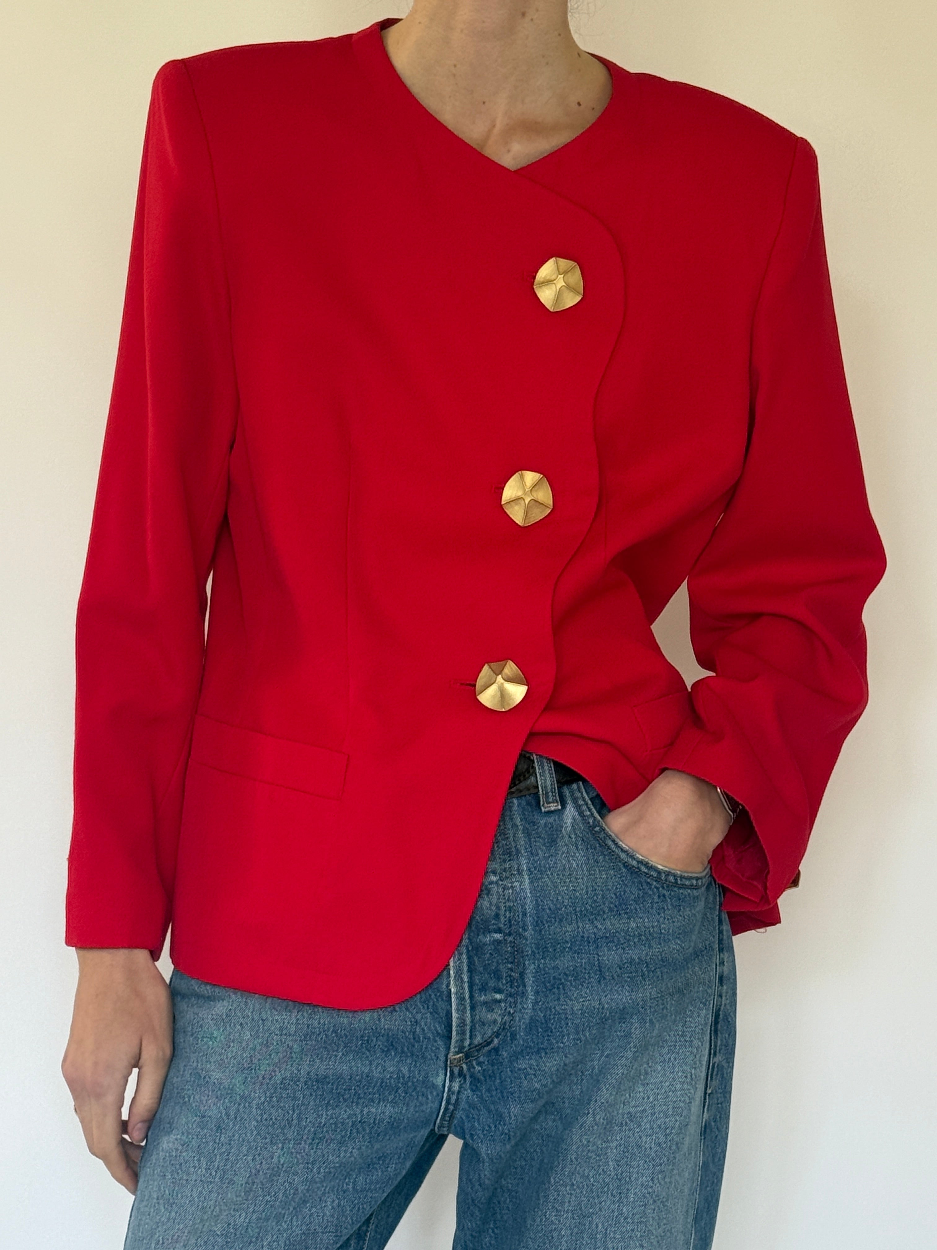 Vintage red structured blazer pocket detail