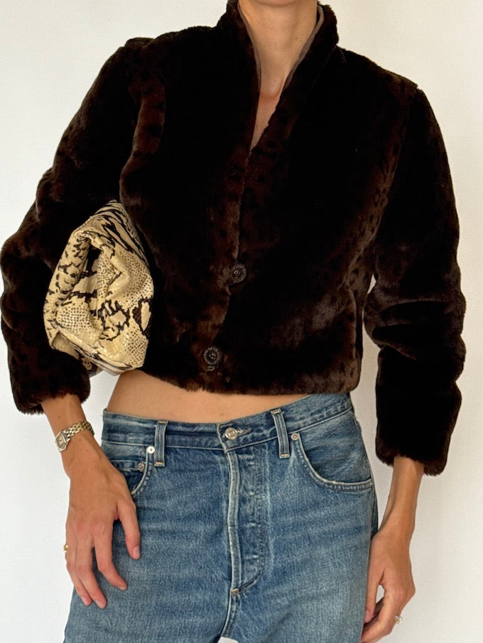 Vintage Cropped Animal Print Faux Fur Jacket