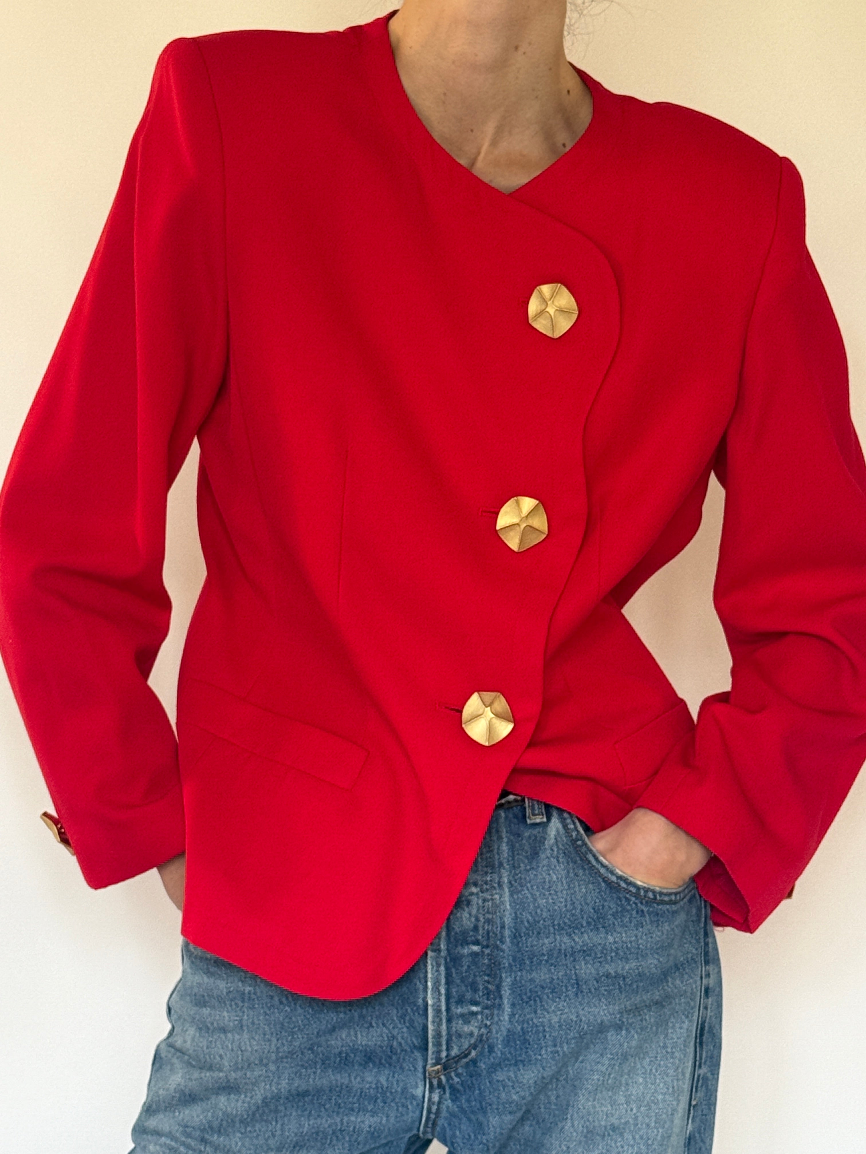 Vintage red structured blazer curved front closure detail
