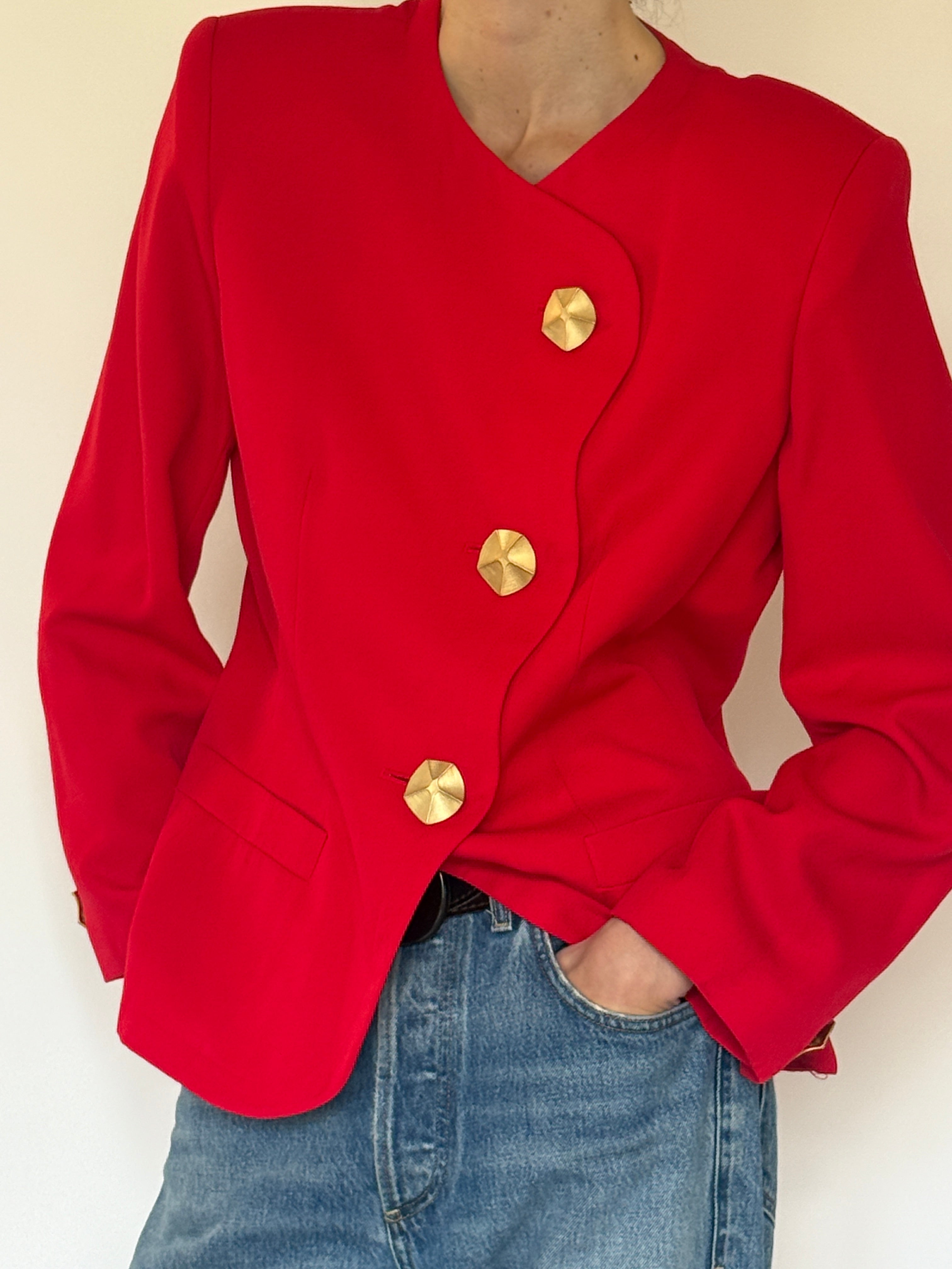 Vintage red structured blazer curved front closure detail