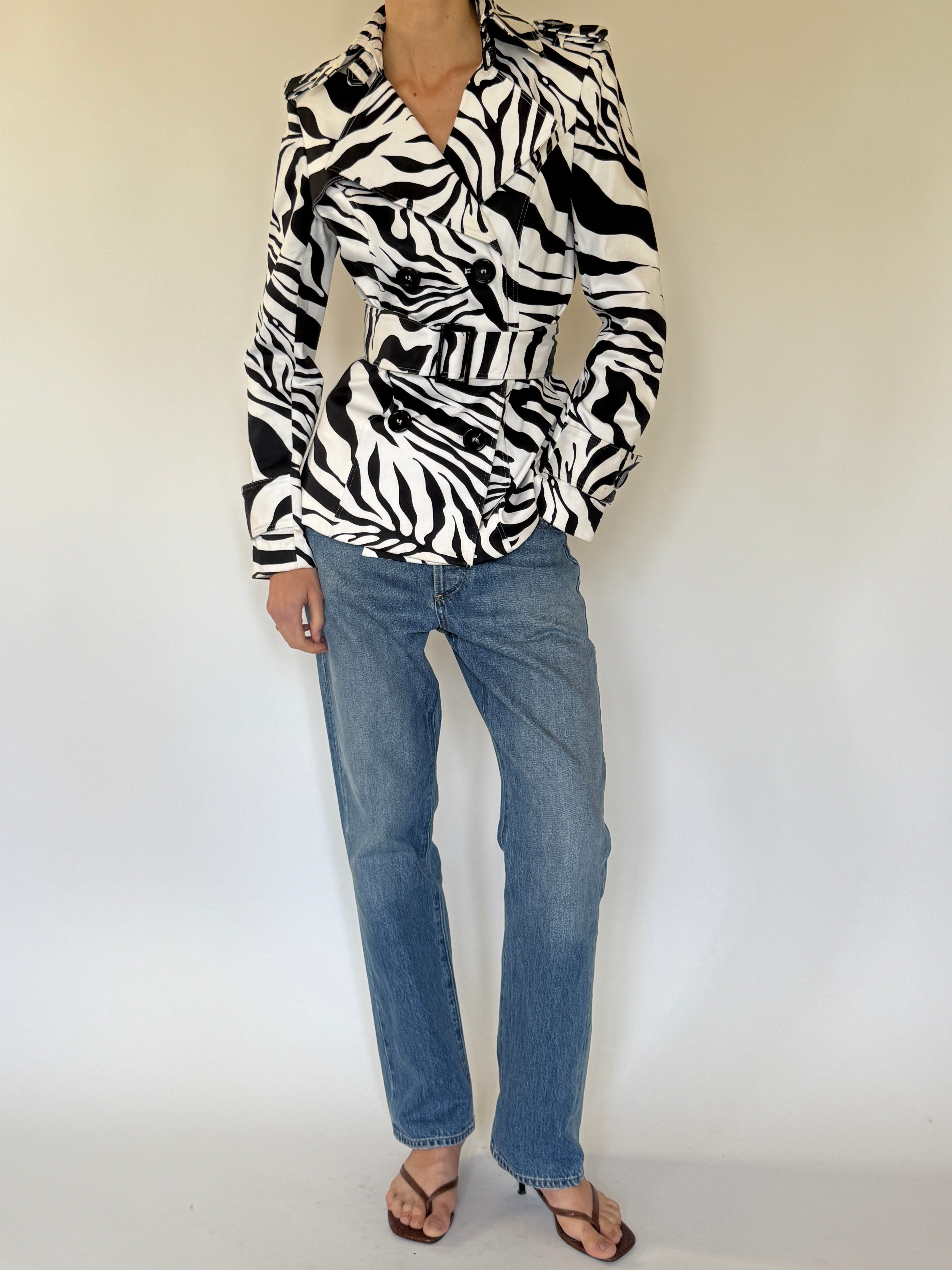 Vintage zebra print belted trench jacket front view