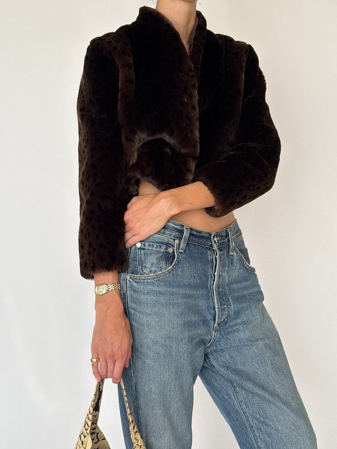 Vintage Cropped Animal Print Faux Fur Jacket
