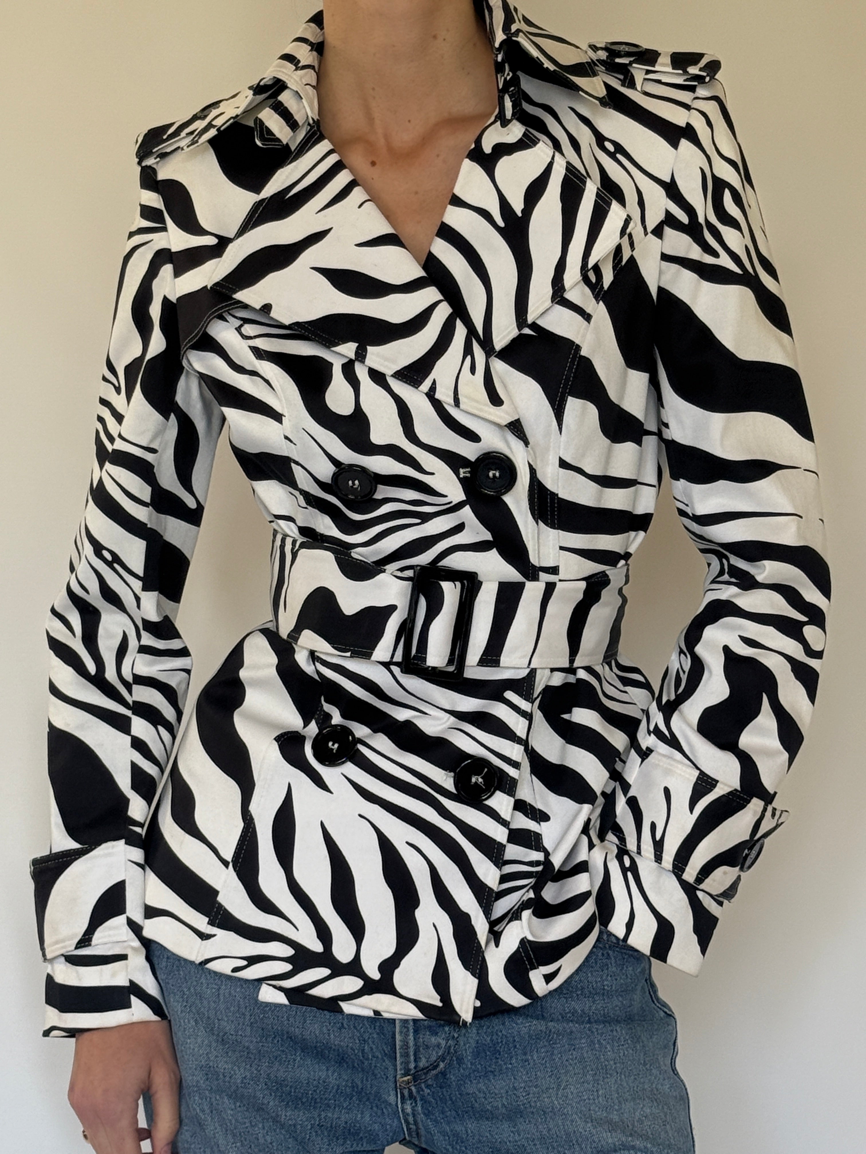 Vintage zebra print belted trench jacket front view