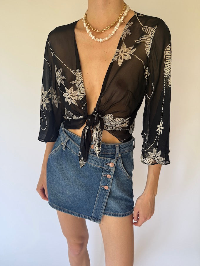 Vintage sheer Floral Tie-Front Blouse 6177
