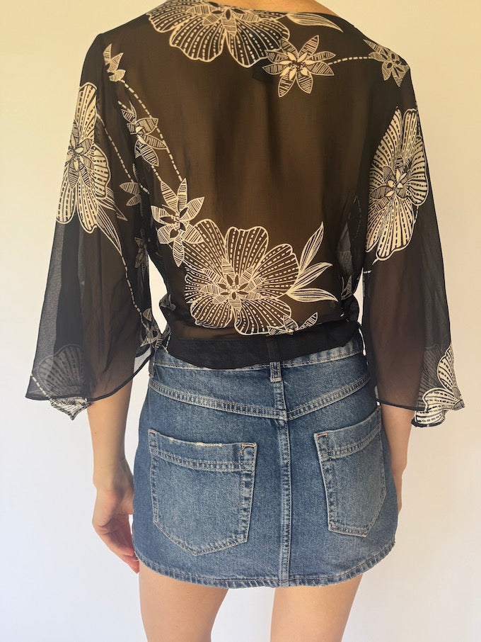 Vintage sheer Floral Tie-Front Blouse 6177