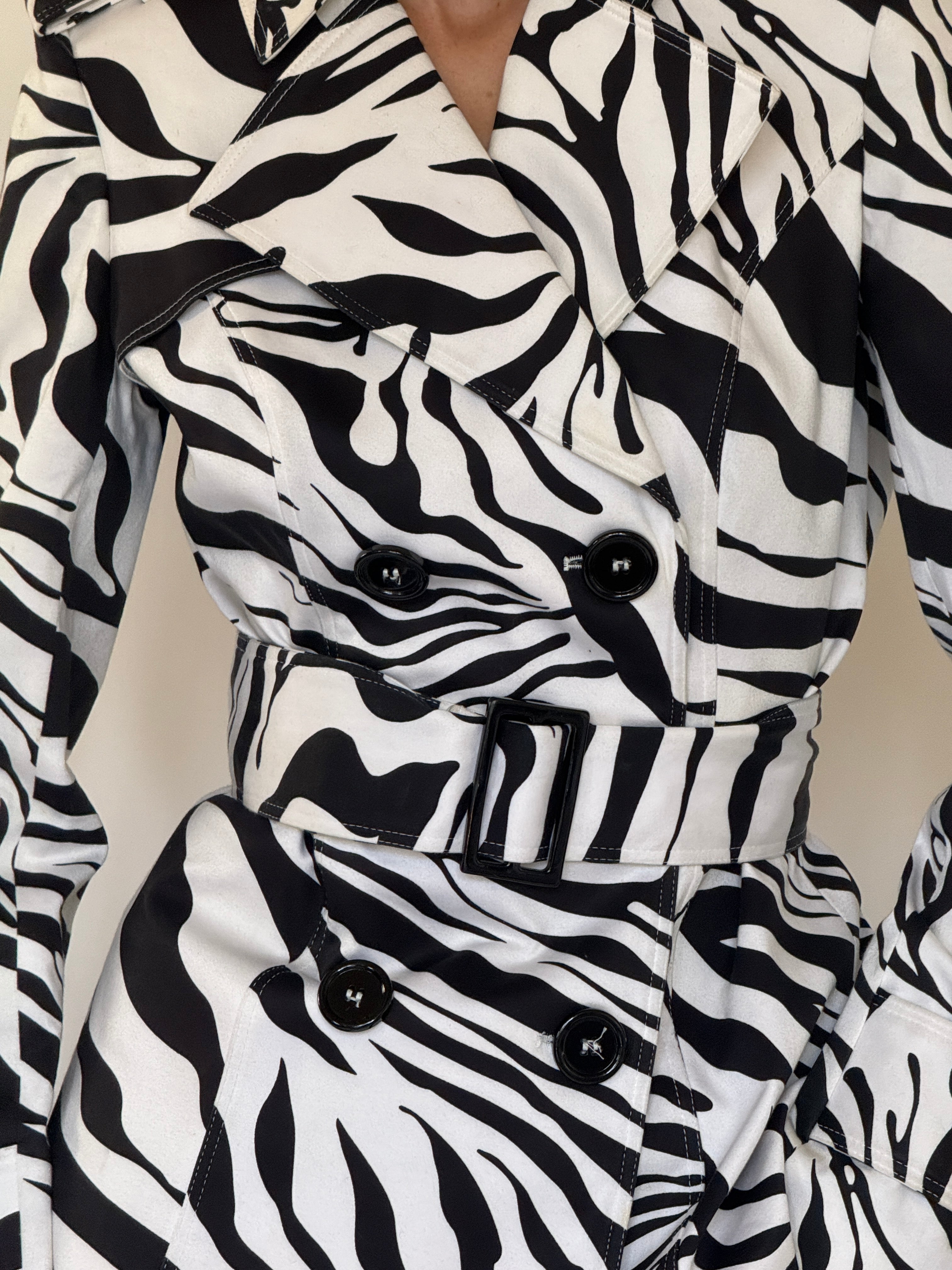 Vintage zebra print belted trench jacket cuff strap detail