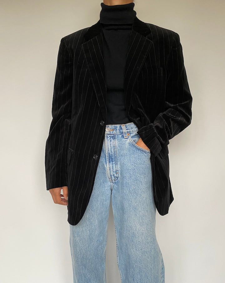 VINTAGE BLACK VELVET PINSTRIPED BLAZER 1907