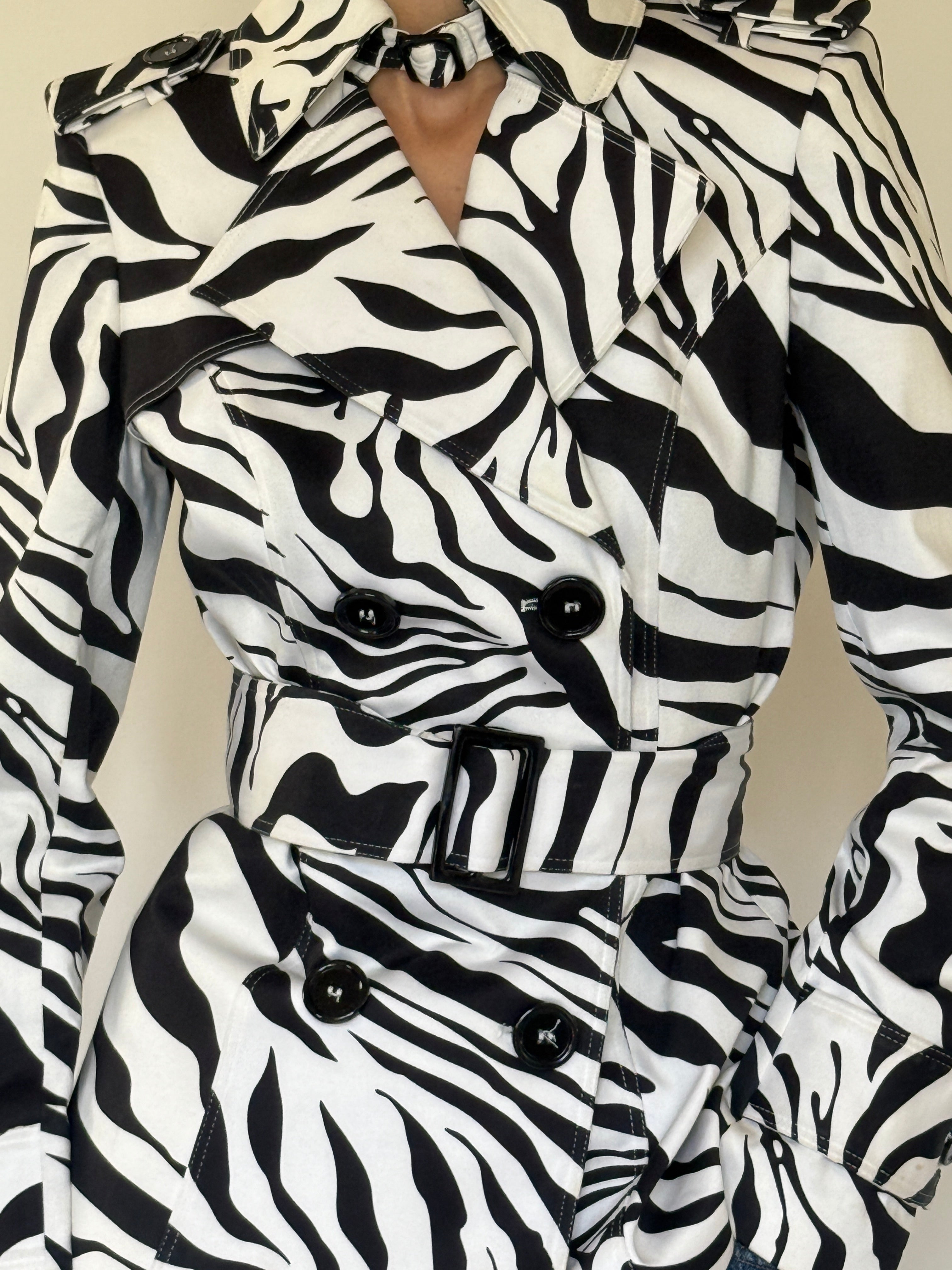 Vintage zebra print belted trench jacket front view