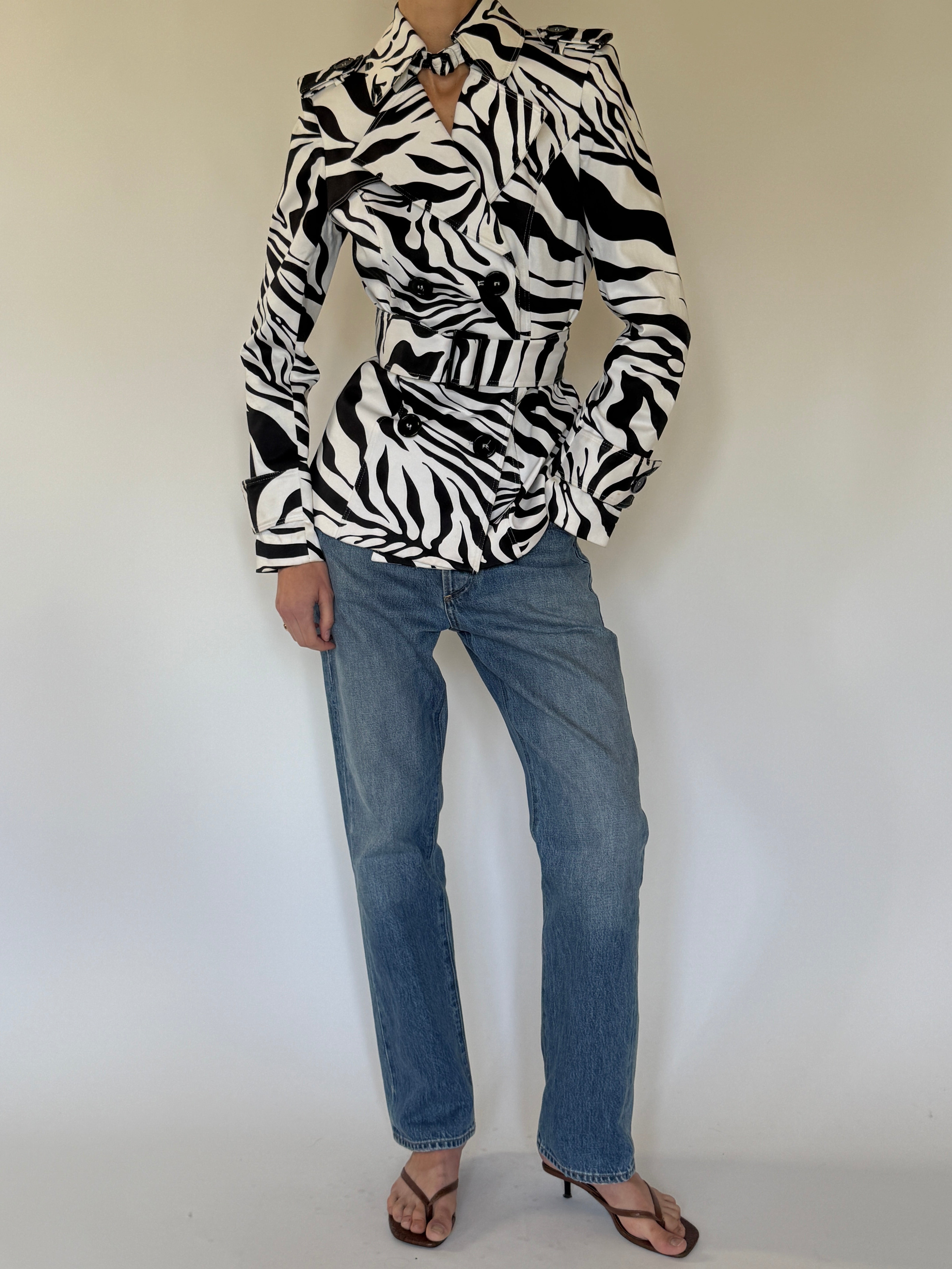 Vintage zebra print belted trench jacket cuff strap detail