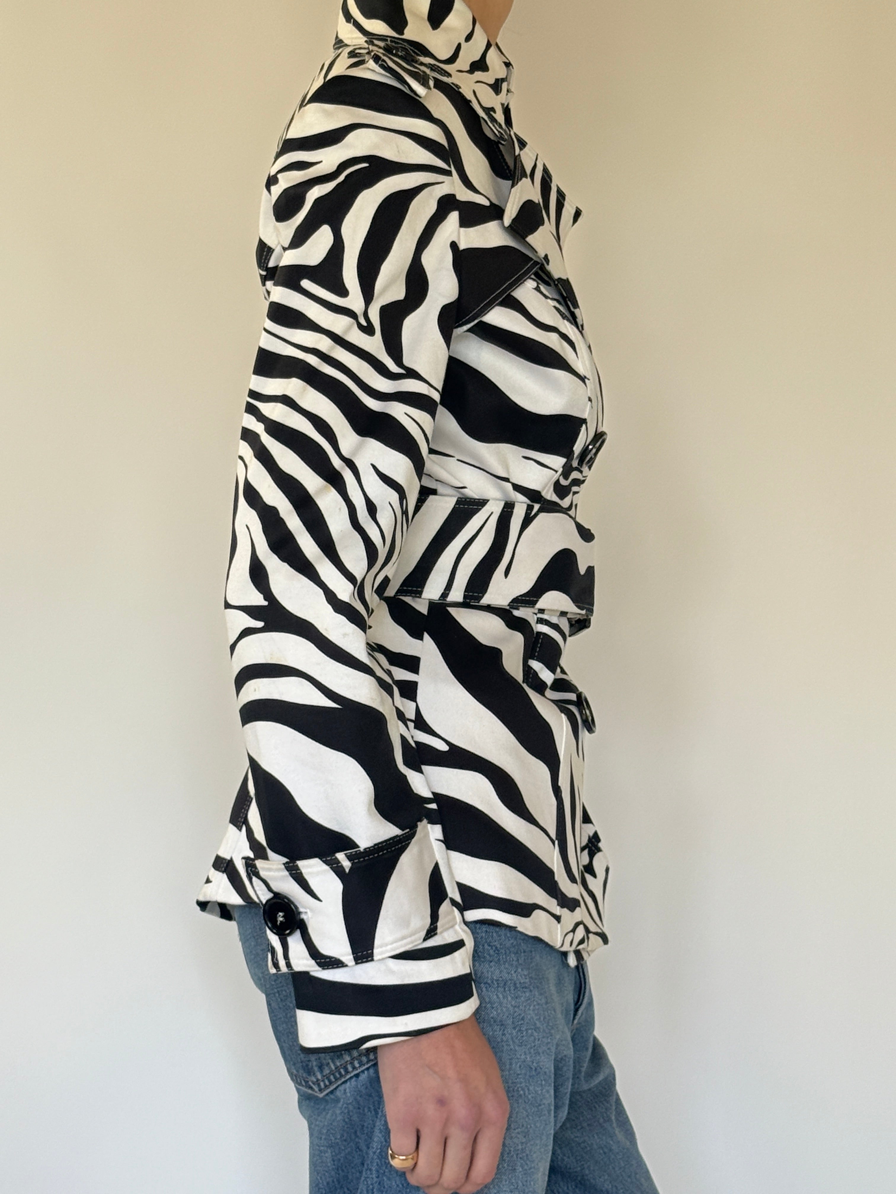 Vintage zebra print belted trench jacket side view