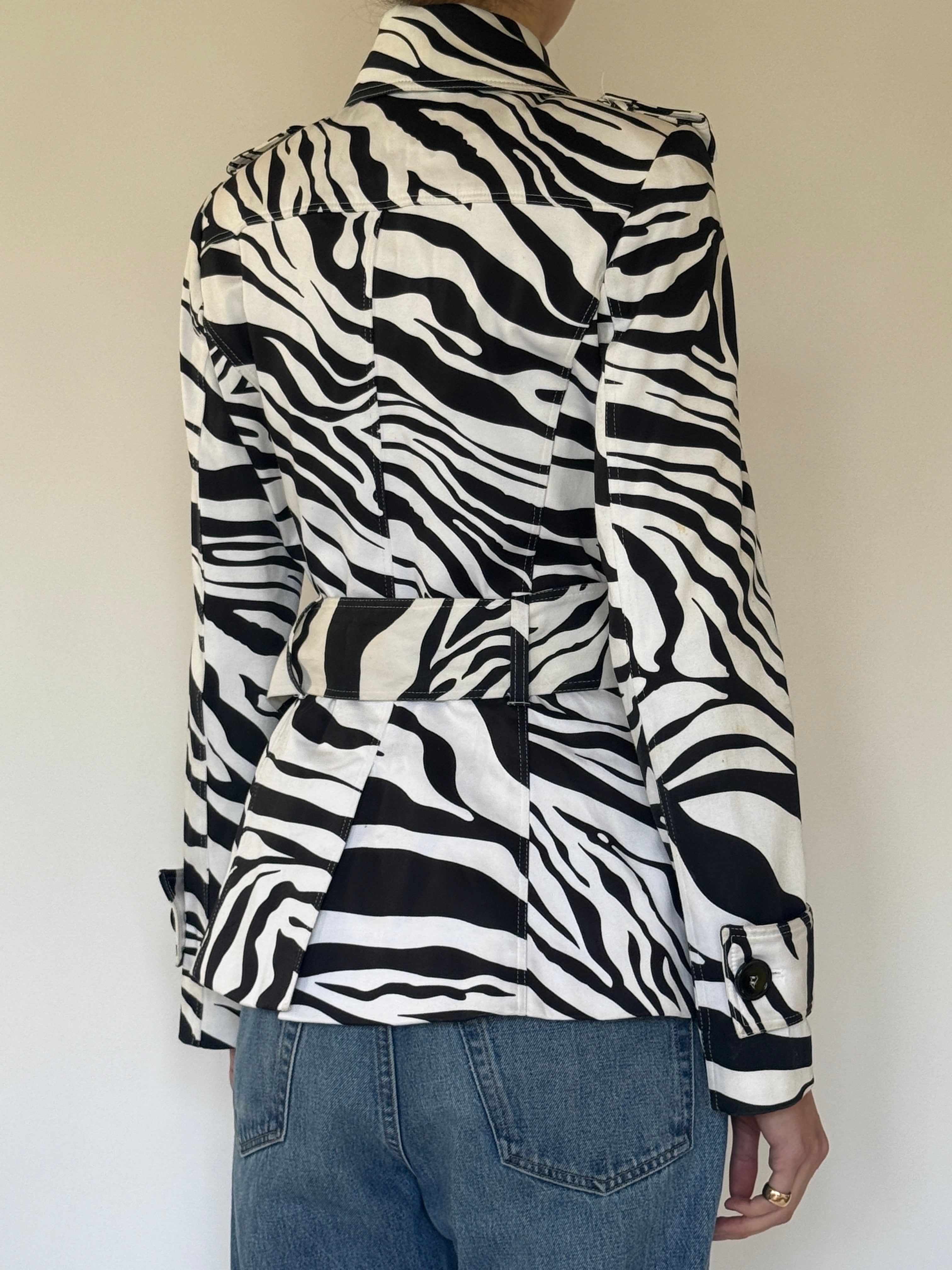 Vintage Zebra Print Belted Trench Jacket Black White 7666