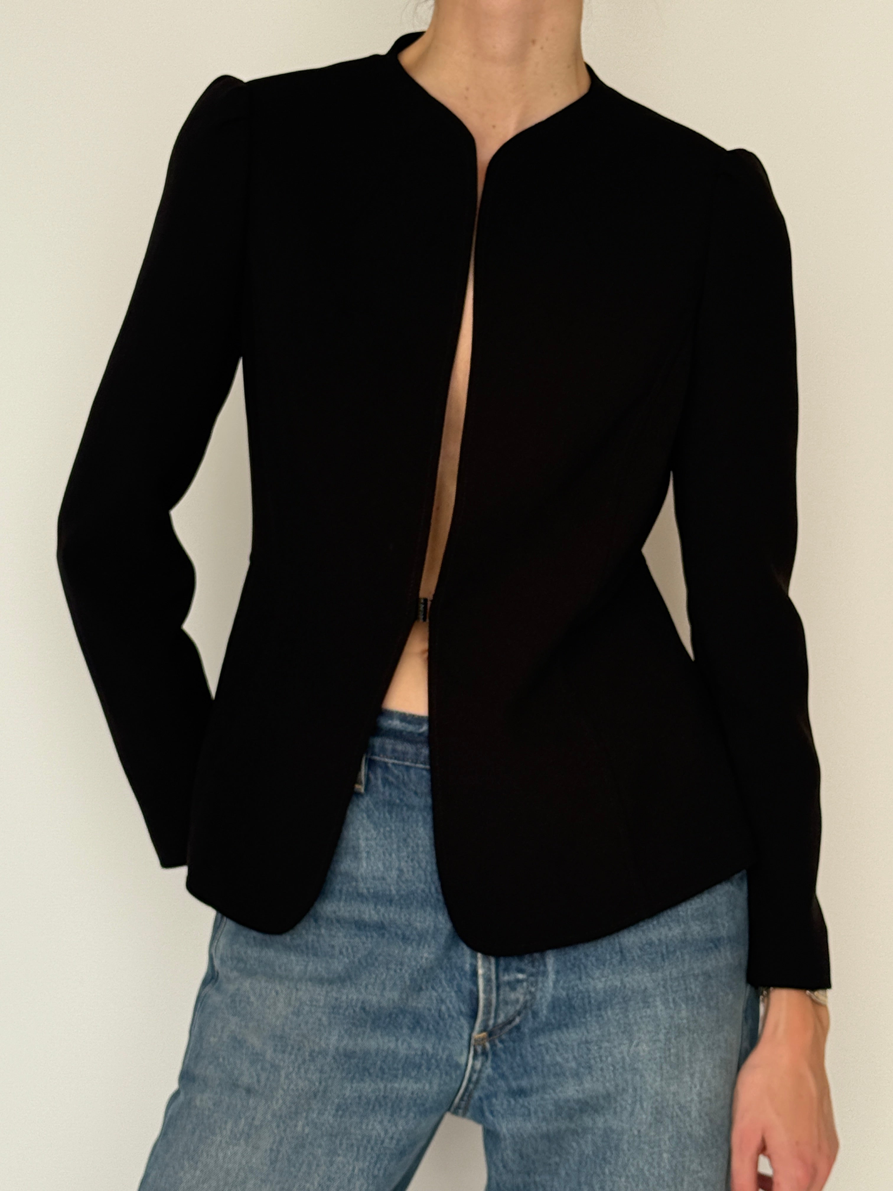 Vintage black structured open-front blazer front view