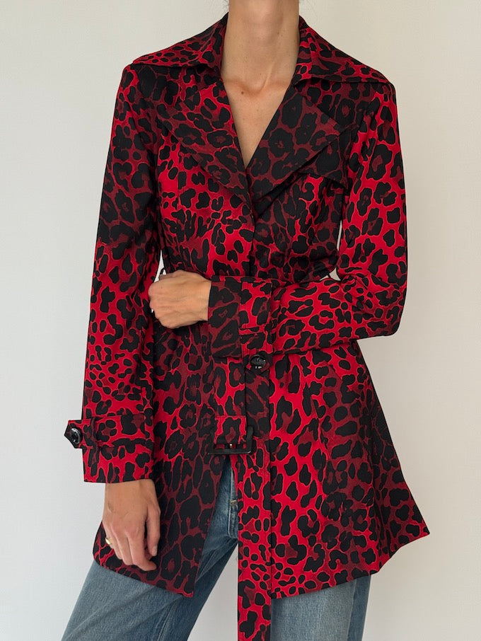 Vintage Leopard Short Trench Coat Red 6479