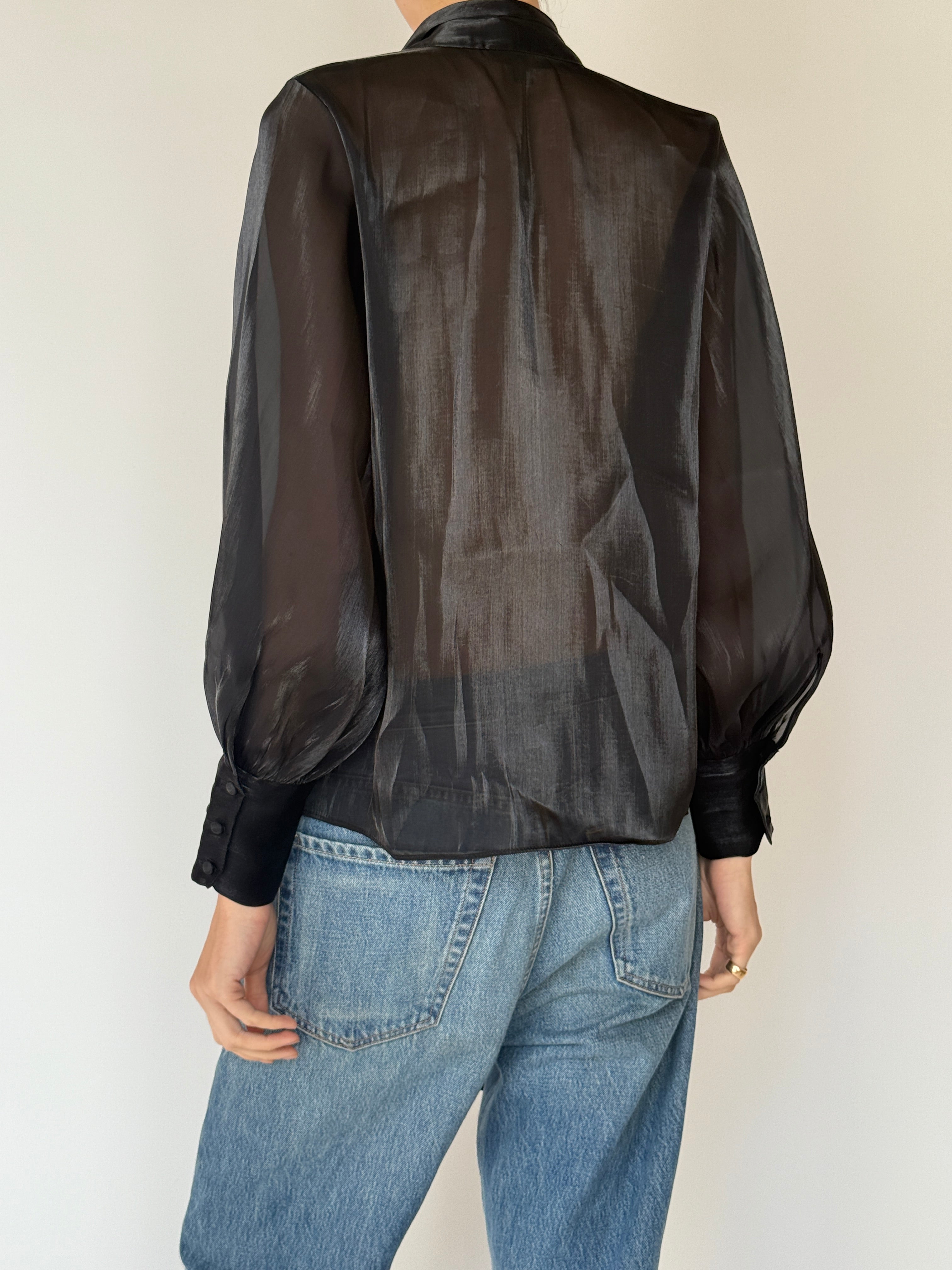 Vintage Sheer Scarf-Neck Blouse Black 7049