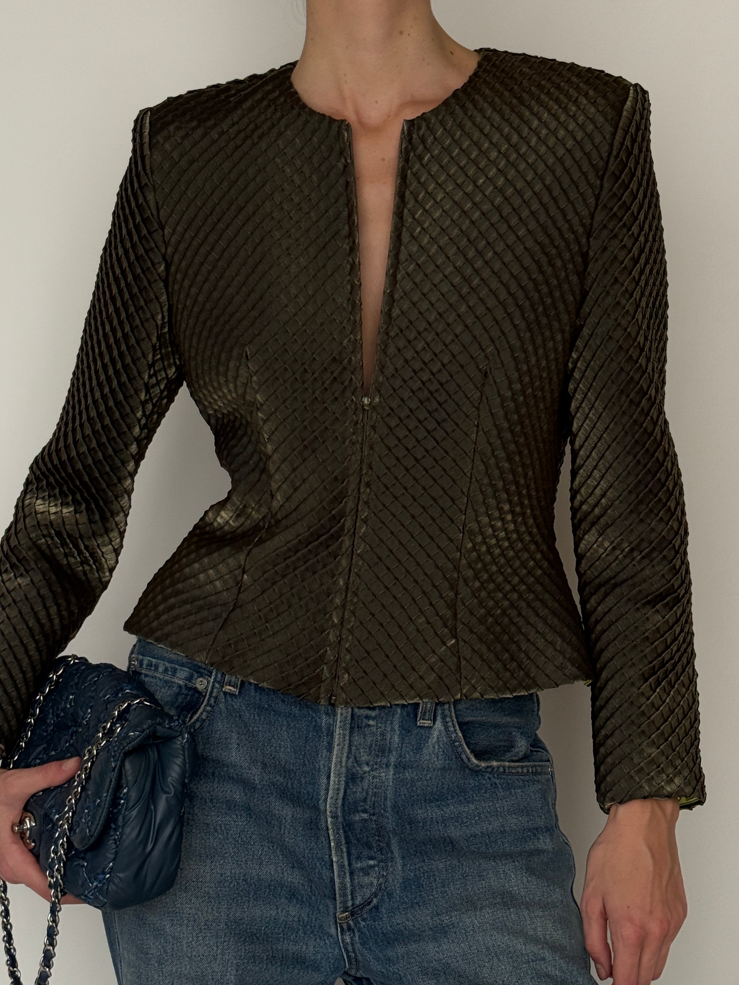 Vintage woven textured jacket olive brown neckline close up