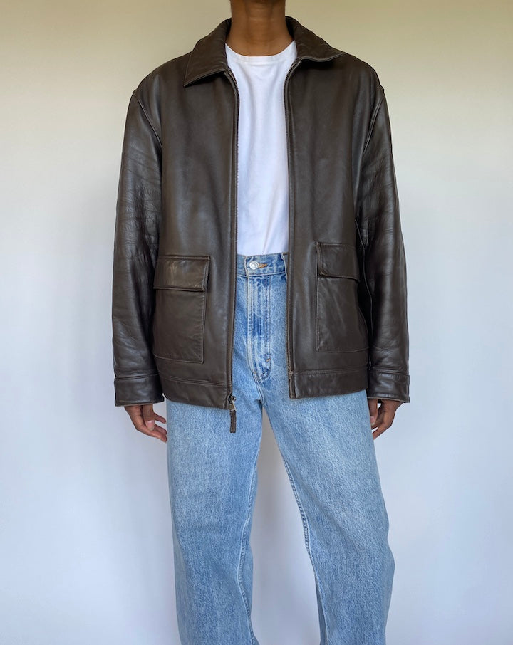 VINTAGE OVERSIZED DARK BROWN LEATHER JACKET 3587