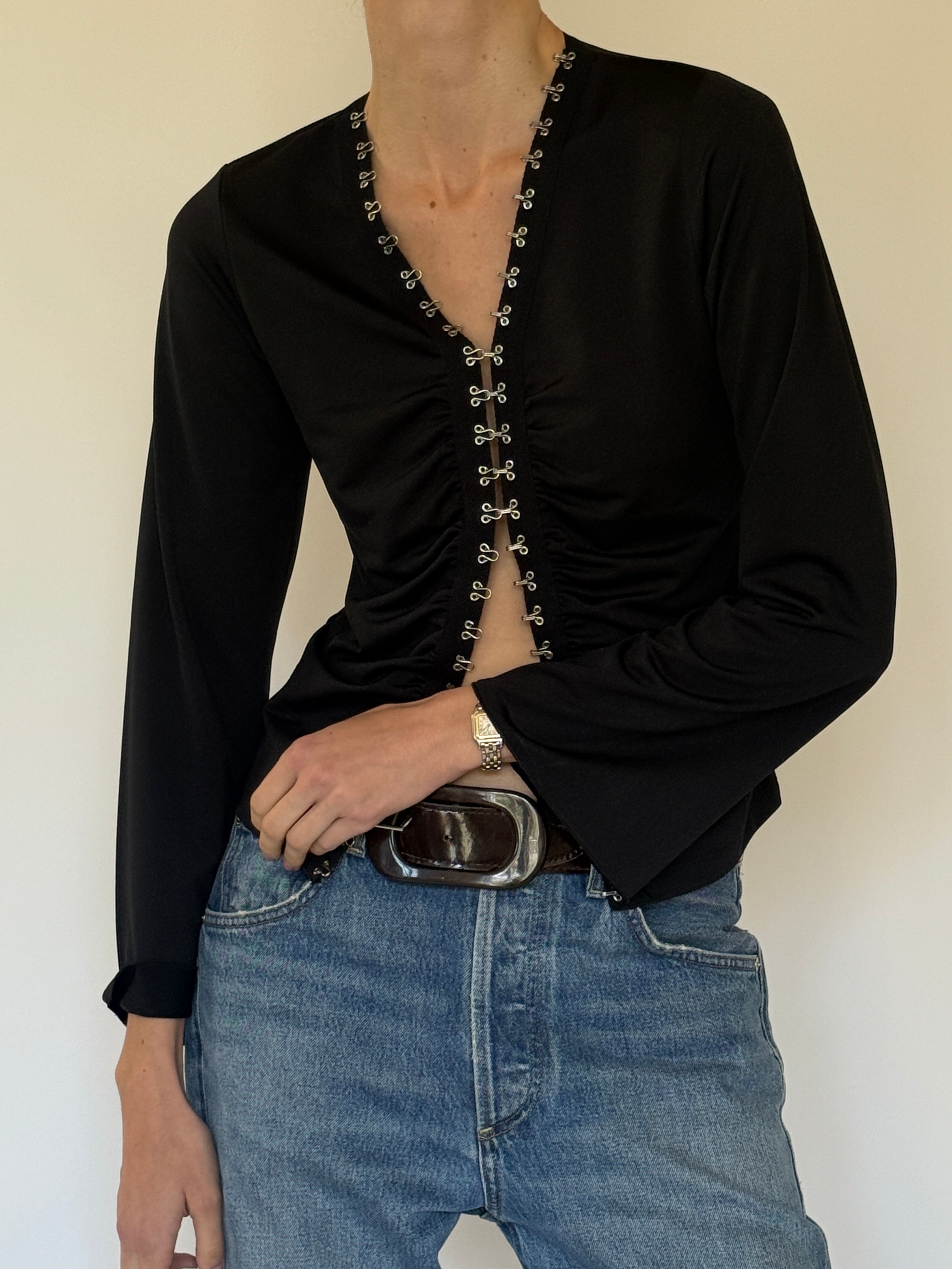 Vintage black hook front ruched blouse neckline hook detail close-up