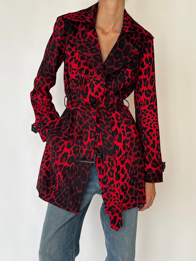 Vintage Leopard Short Trench Coat Red 6479