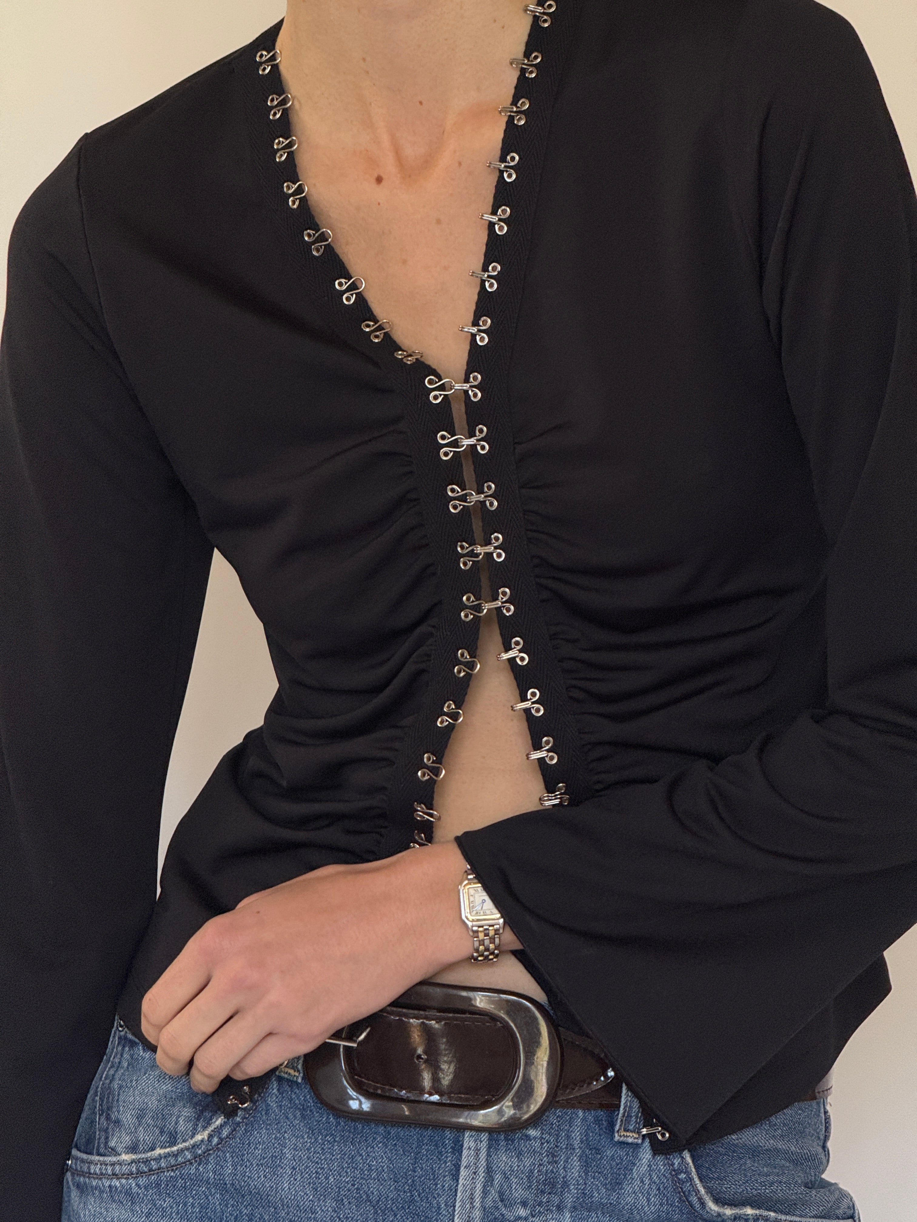 Vintage black hook front ruched blouse front view with metal closures