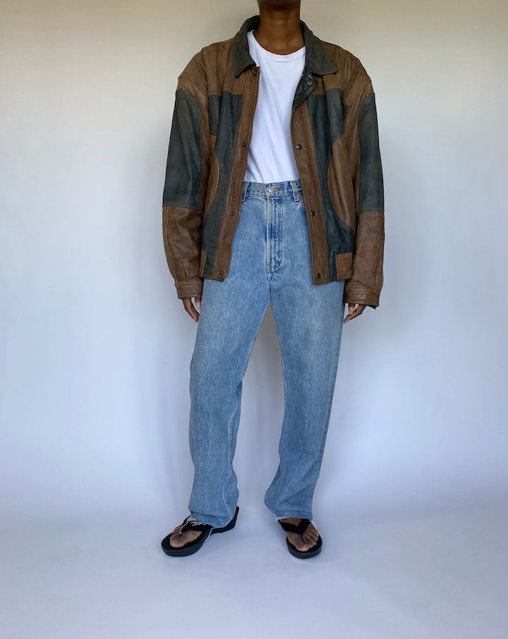 VINTAGE OVERSIZED BROWN AND GREEN LEATHER JACKET 3589