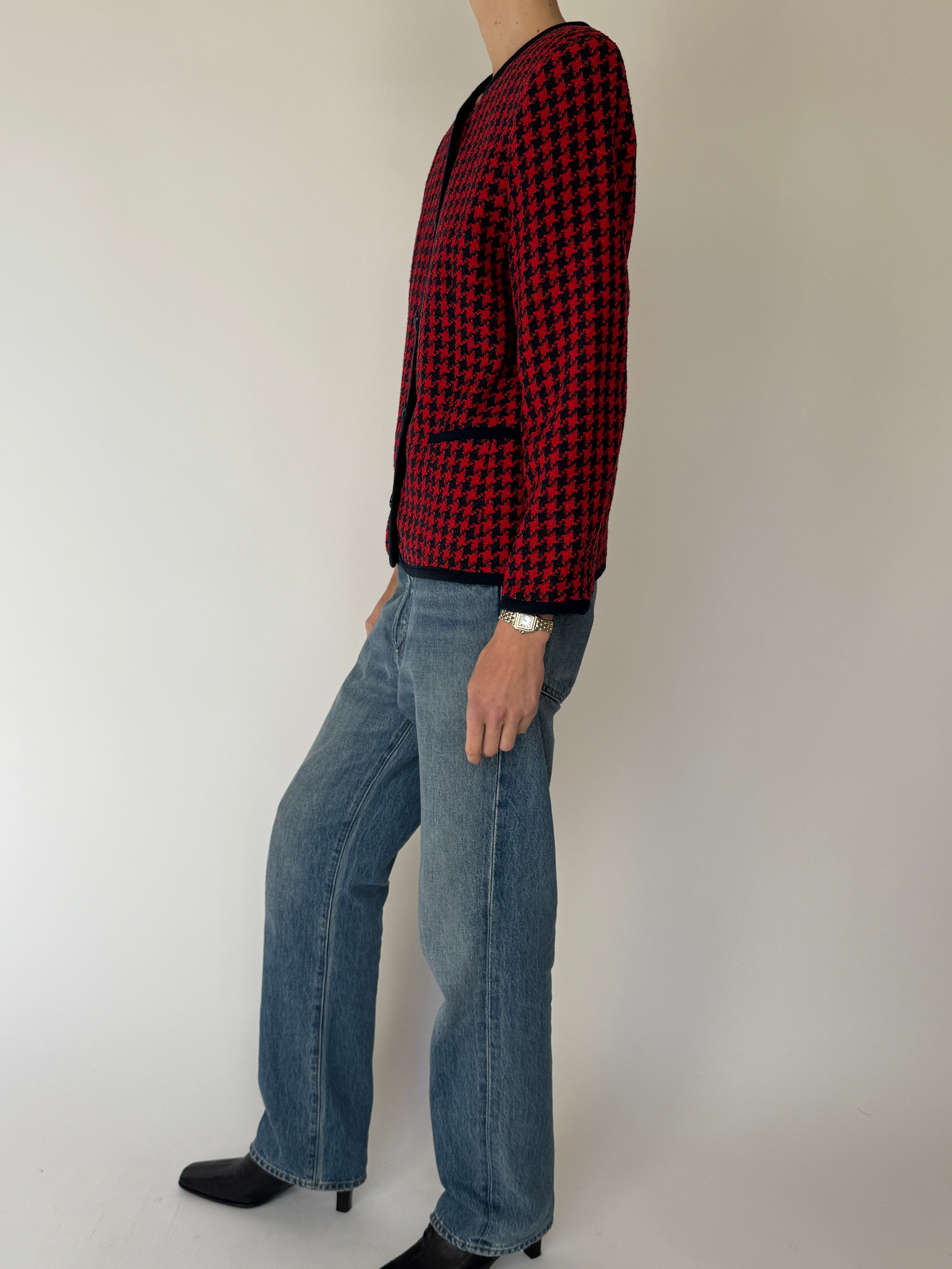 Vintage Houndstooth Woven Blazer Red & Black 7050
