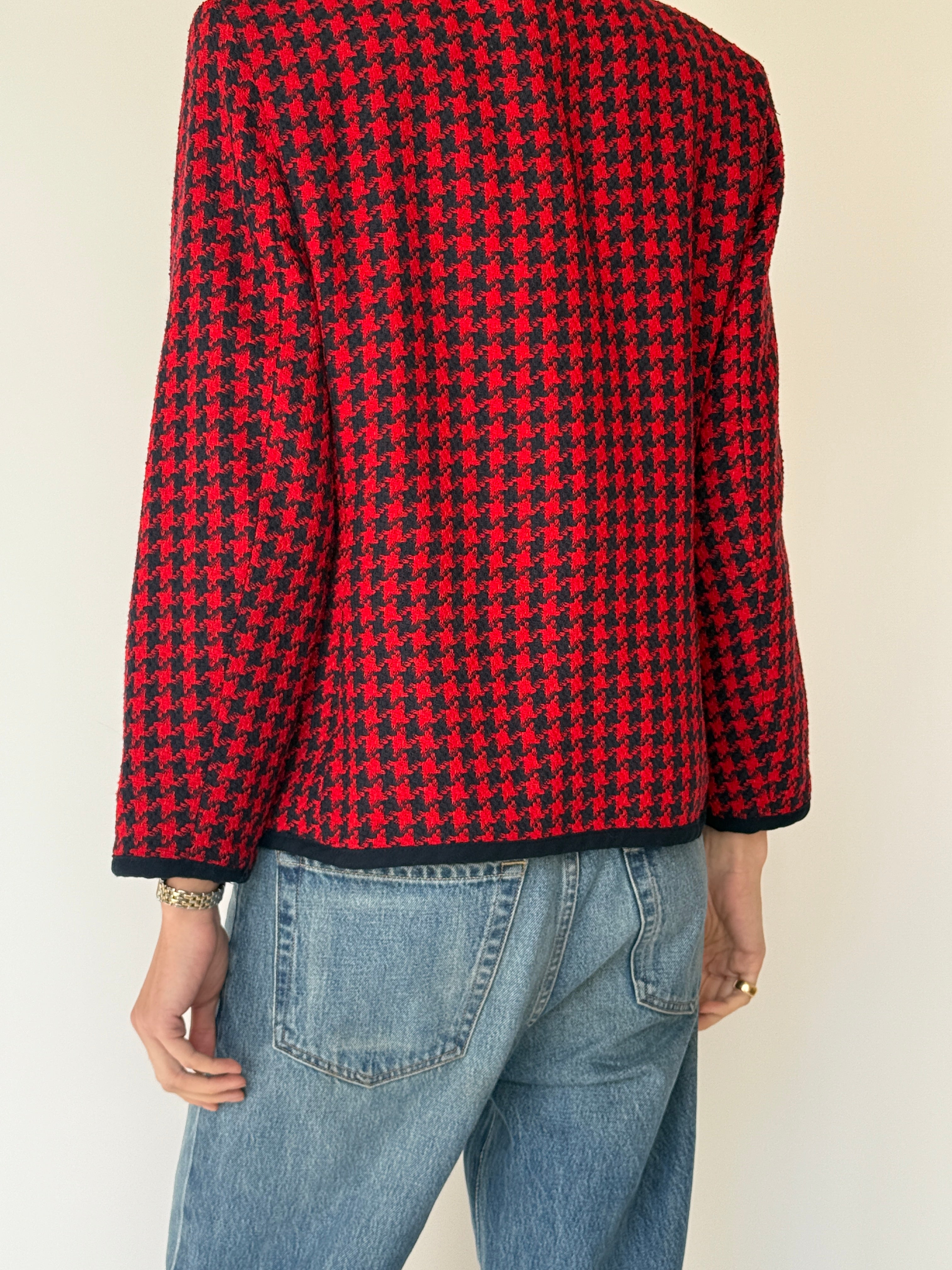 Vintage Houndstooth Woven Blazer Red & Black 7050