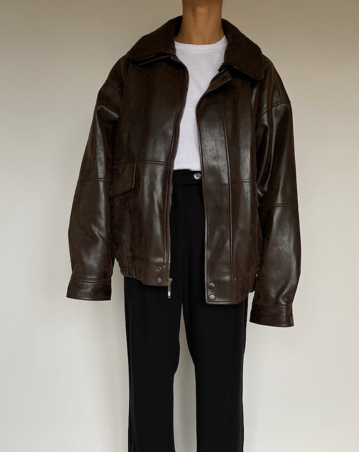 VINTAGE BROWN OVERSIZED FAUX LEATHER JACKET 2621