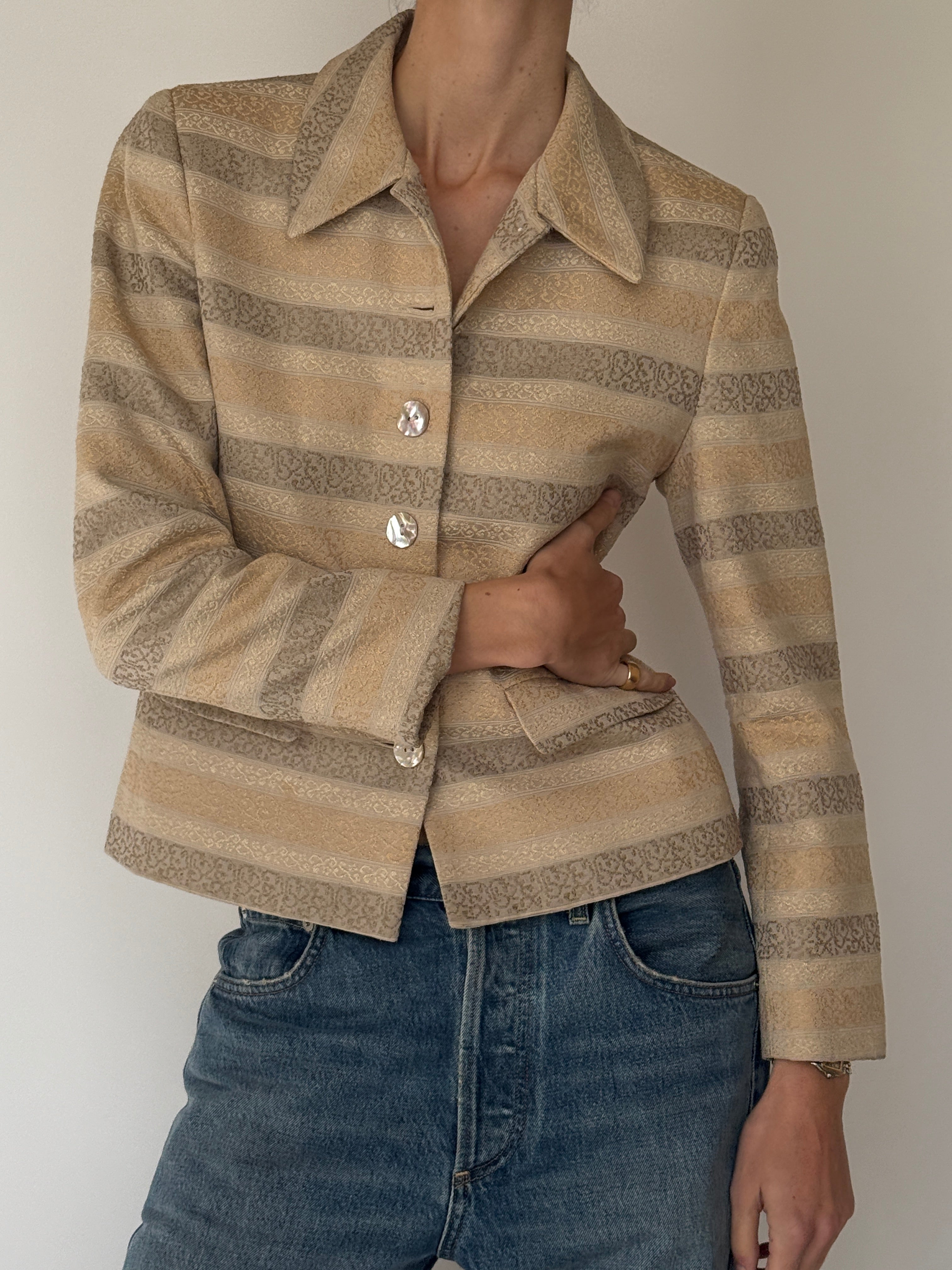 Vintage Textured Stripe Blazer Beige 7051