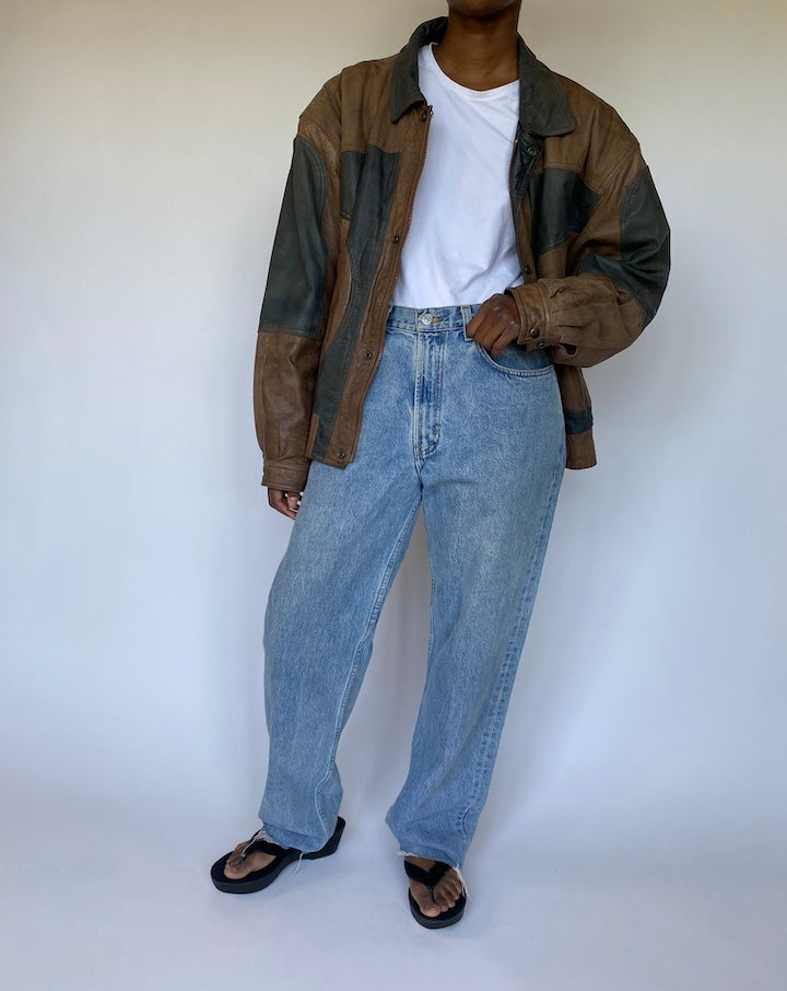 VINTAGE OVERSIZED BROWN AND GREEN LEATHER JACKET 3589