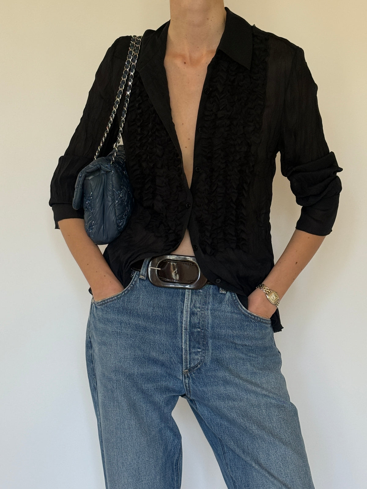 Vintage sheer black ruffle blouse front view